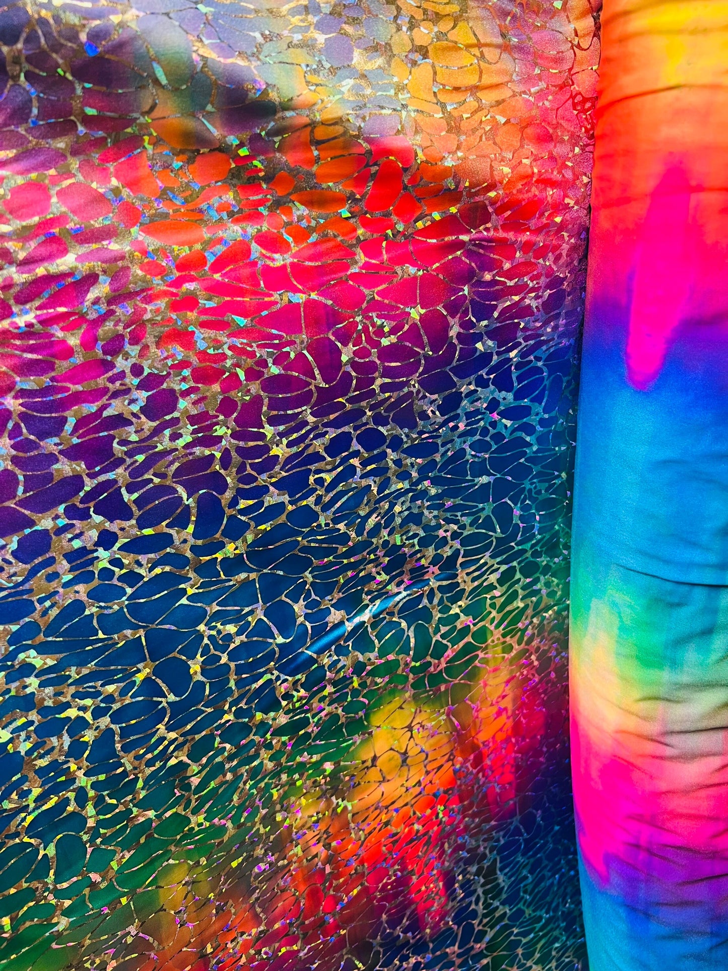 Spider design hologram metallic nylon spandex 4-way stretch 58/60” Sold by the YD. Ships Worldwide from Los Angeles California USA