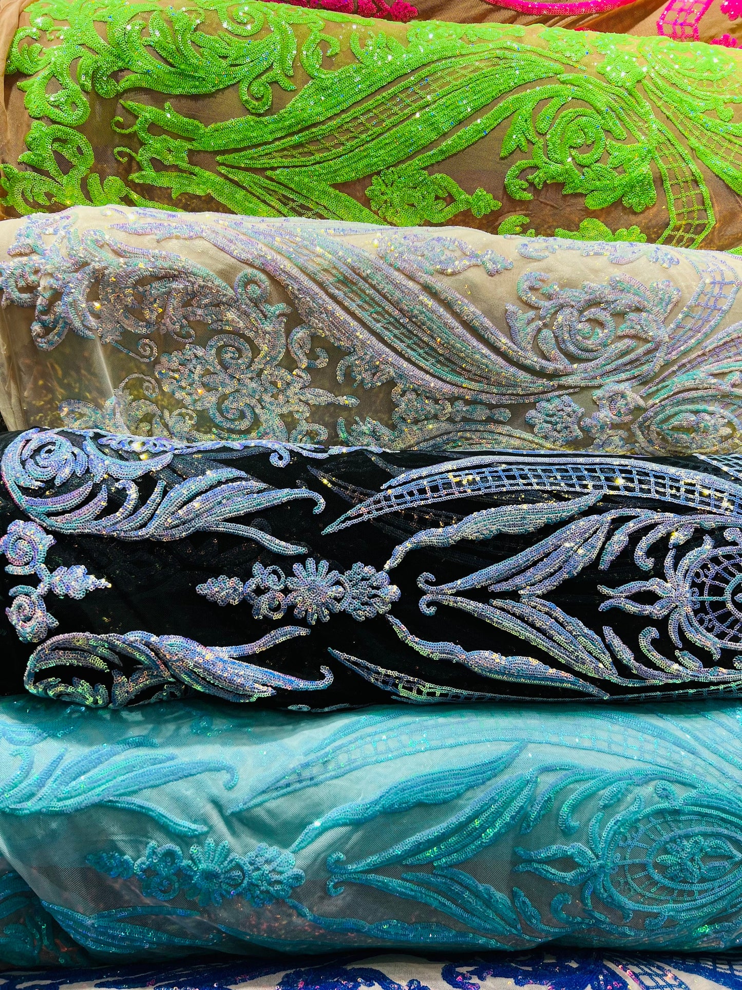 New Beyonce design Luxury embroidered sequins on stretch mesh 4-way 55/57” Sold by the YD. Ships Worldwide from Los Angeles California USA.