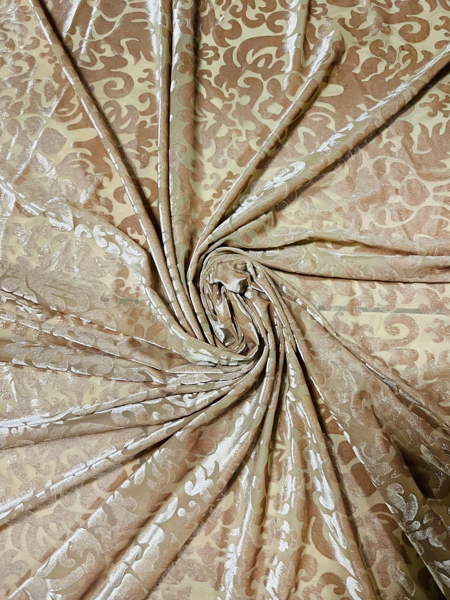 New burnout velvet modern Victoria design champagne 4-way stretch 58/60” Sold by the YD. Ships worldwide from Los Angeles California USA.