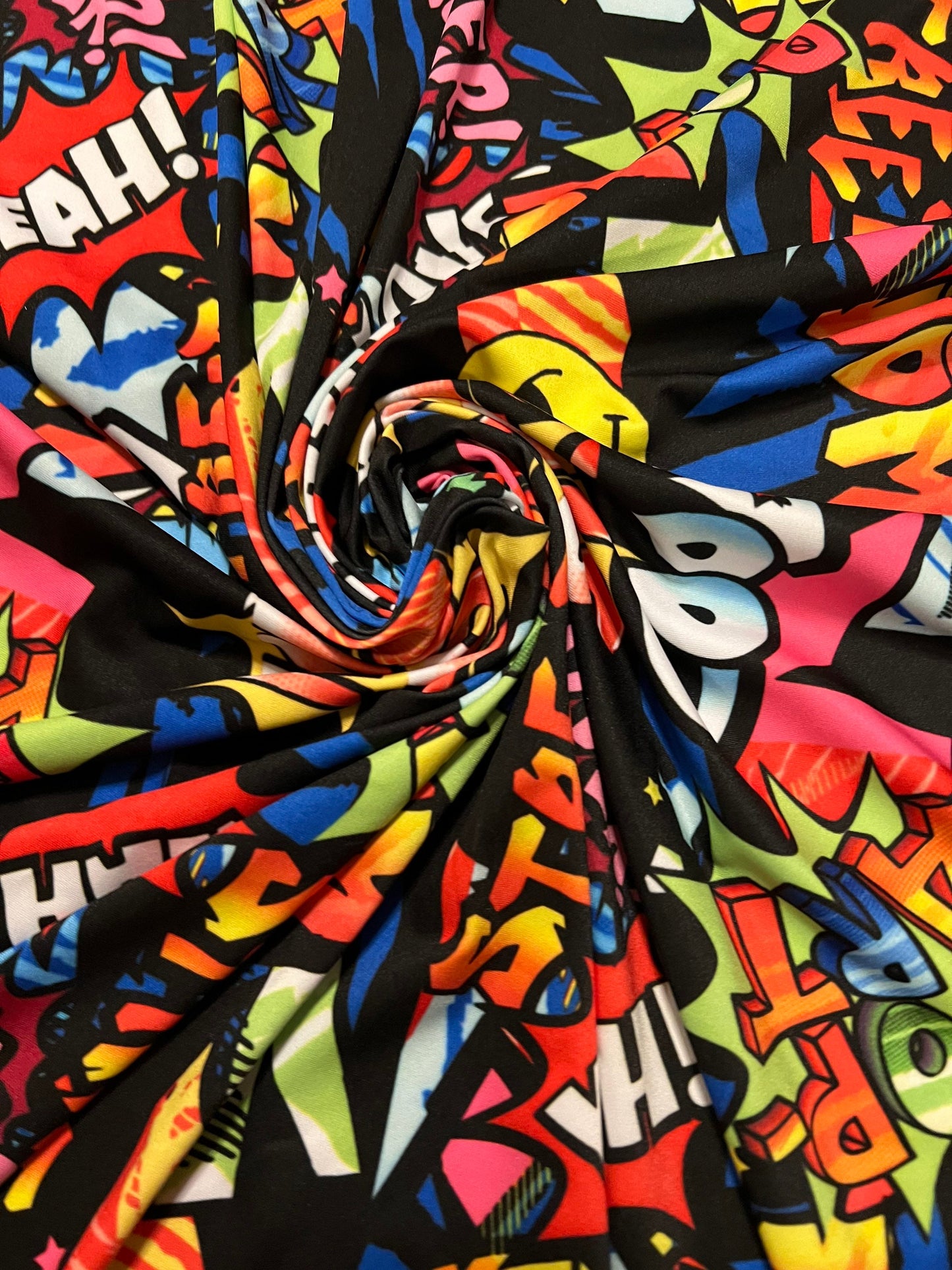 Graffiti Fashion design print on great quality of nylon spandex 4way stretch light weight 58/60” Sold by the YD. Ships Worldwide from L.A CA