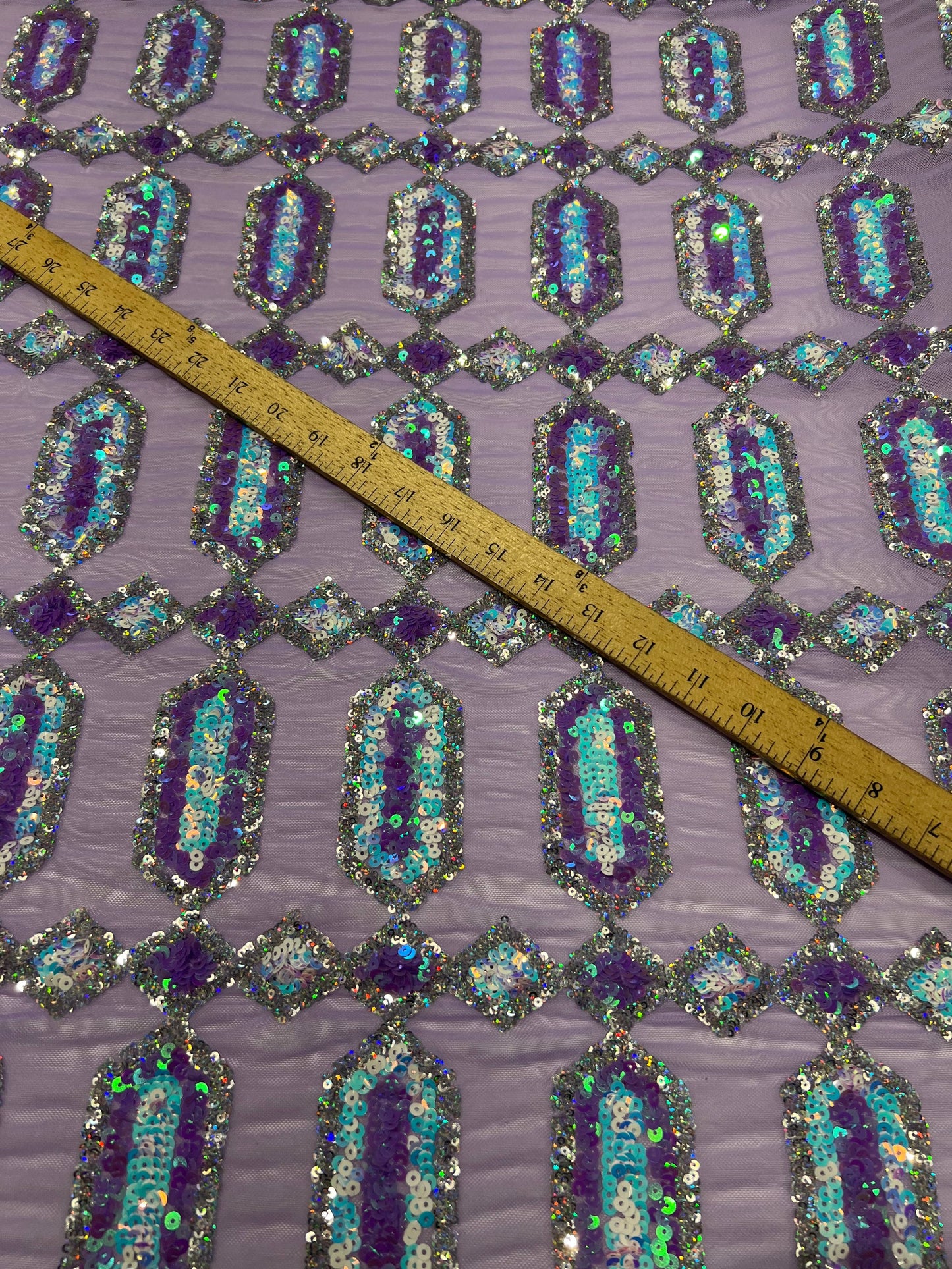New Jewelry Geometric design Luxury iridescent sequins embroidered on stretch mesh 2-way stretch 50/52”