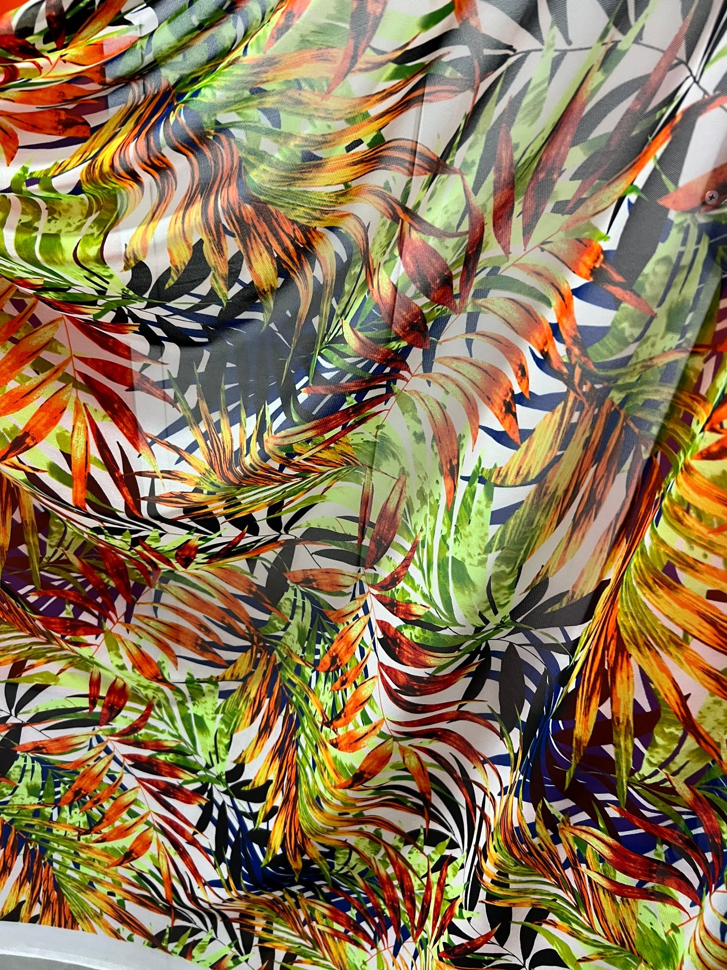 New Hawaiian leaves design with neon colors print on great quality of nylon power mesh 4-way stretch 58/60”