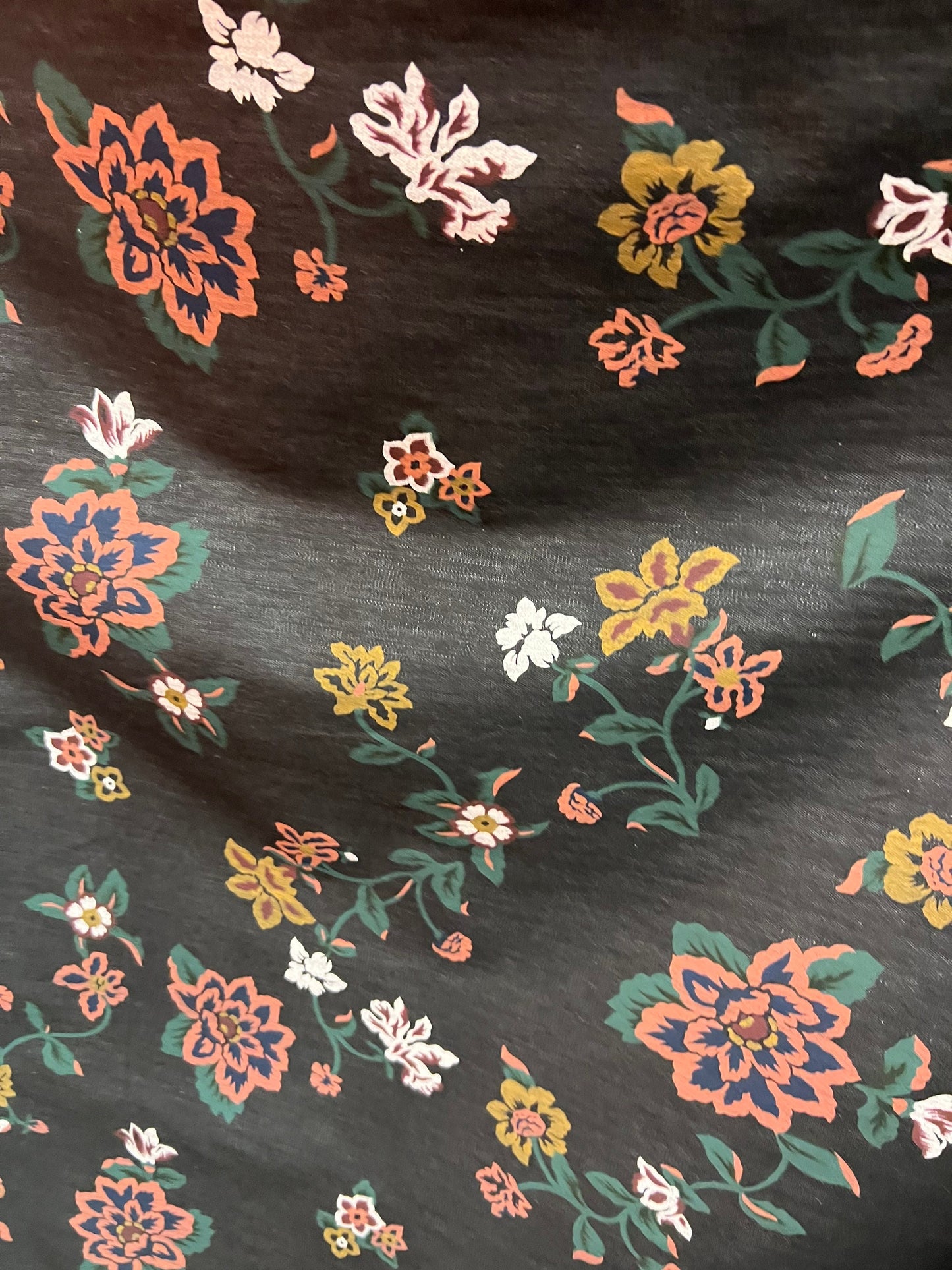 New floral design print on stretch Black denim 2-way stretch 58/60 Sold by the YD. Ships Worldwide from Los Angeles California USA