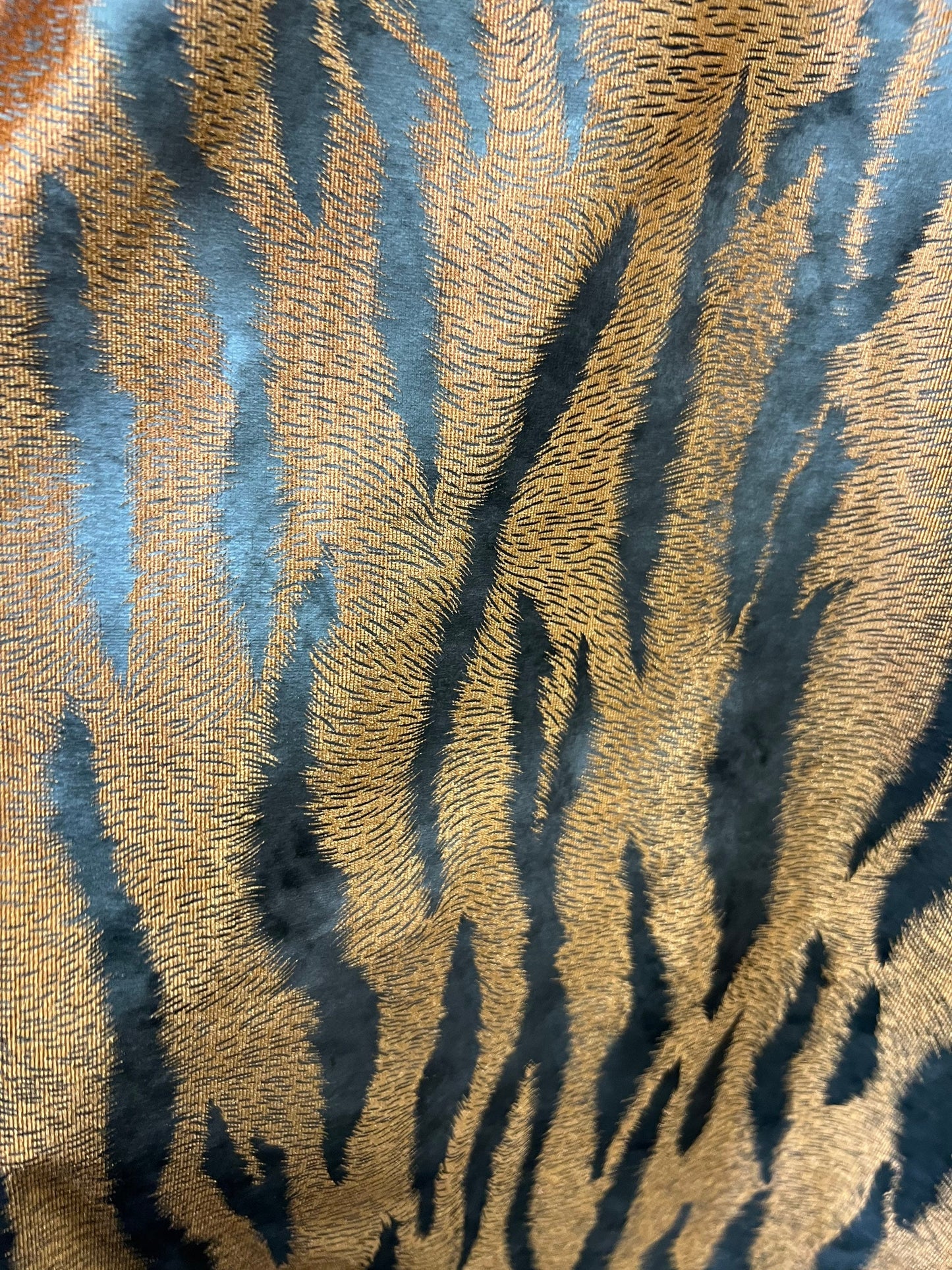 Exotic Tiger design print on stretch velvet with foil 4-way stretch 58/60” Sold by the YD.