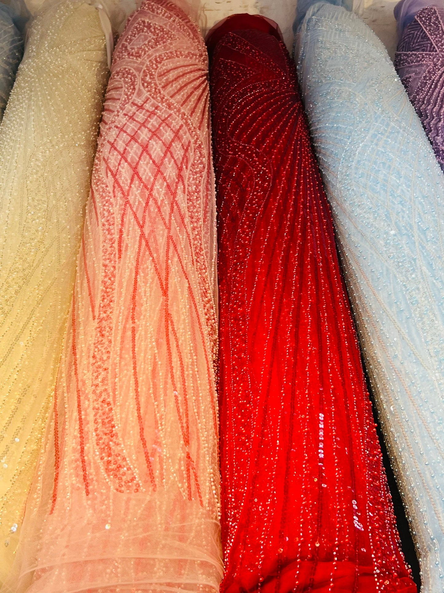 New Jennifer design beaded lace luxury design embroidered on stretch mesh 2-way 55/57” Sold by the YD. Ships Worldwide from Los Angeles Cali