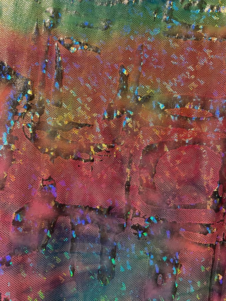 New abstract design hologram metallic poly spandex Rainbow multi pastel colors 2-way stretch 58/60” Sold by the YD.