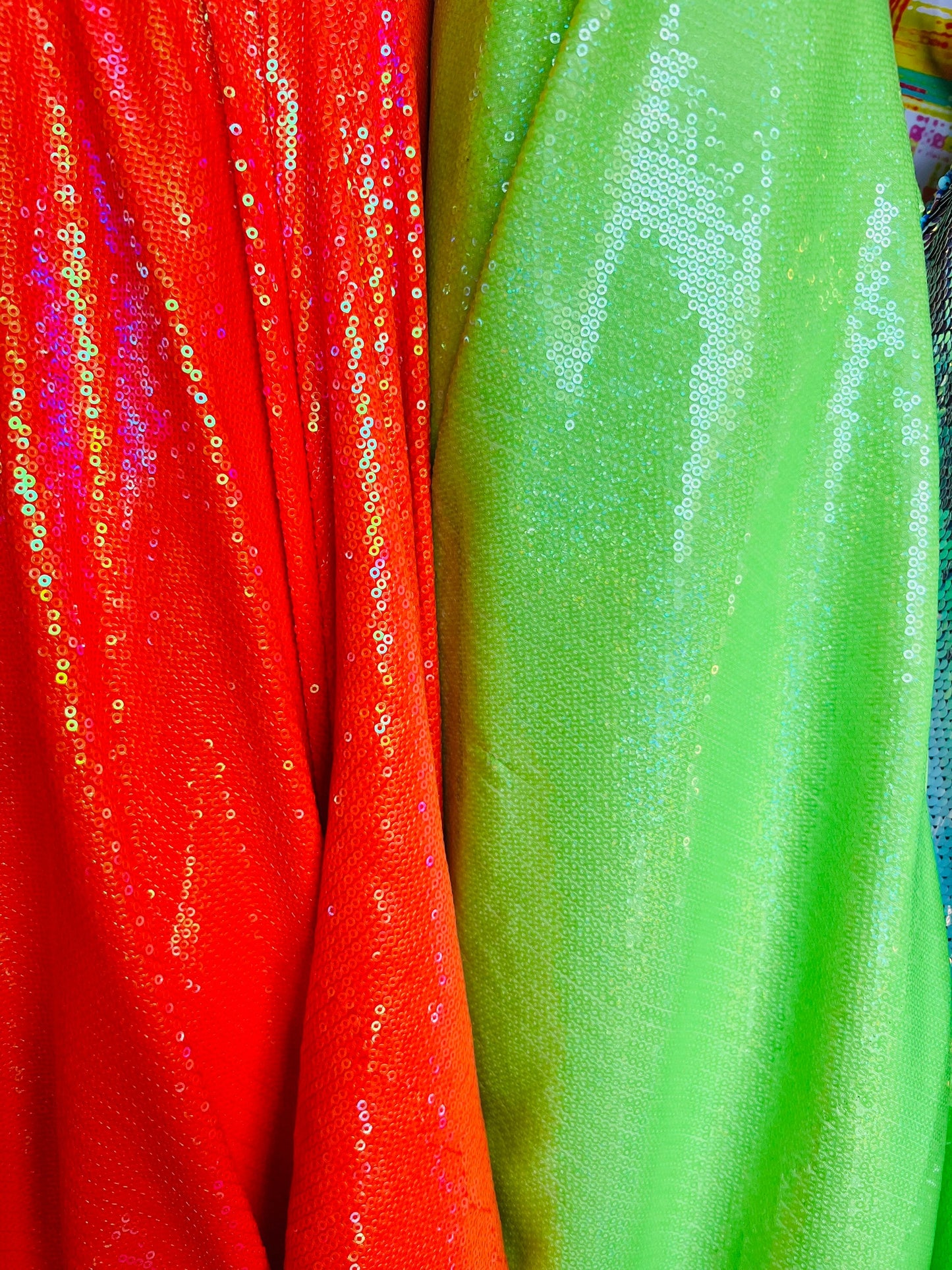 New neon colors iridescent mini sequins design embroidered on spandex base 2-way stretch 58/60” Sold by the YD. Ships Worldwide from L.A