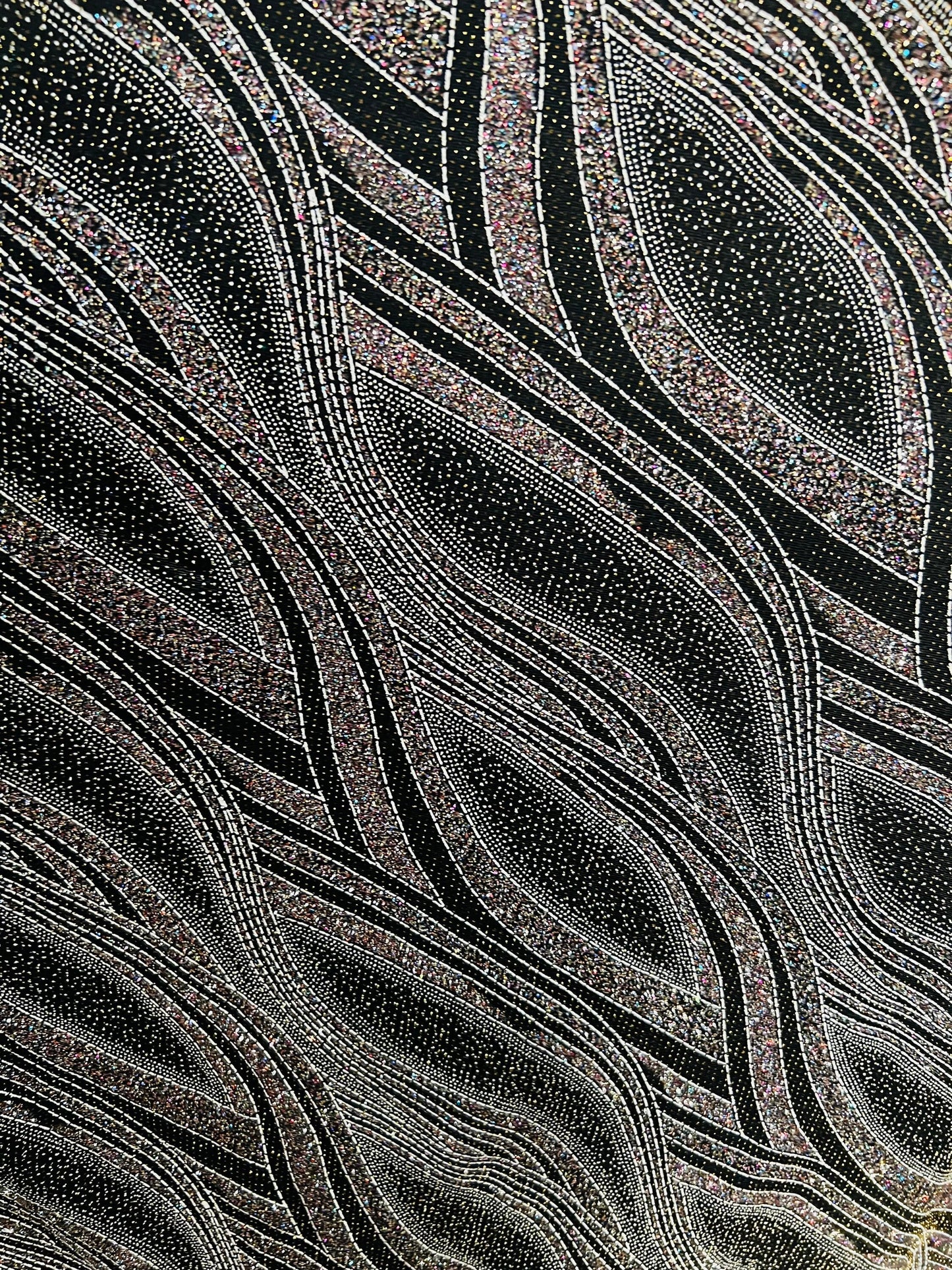 New abstract design metallic slinky 4-way stretch glitter fabric 58/60” Sold by the YD. Ships Worldwide from Los Angeles California USA.
