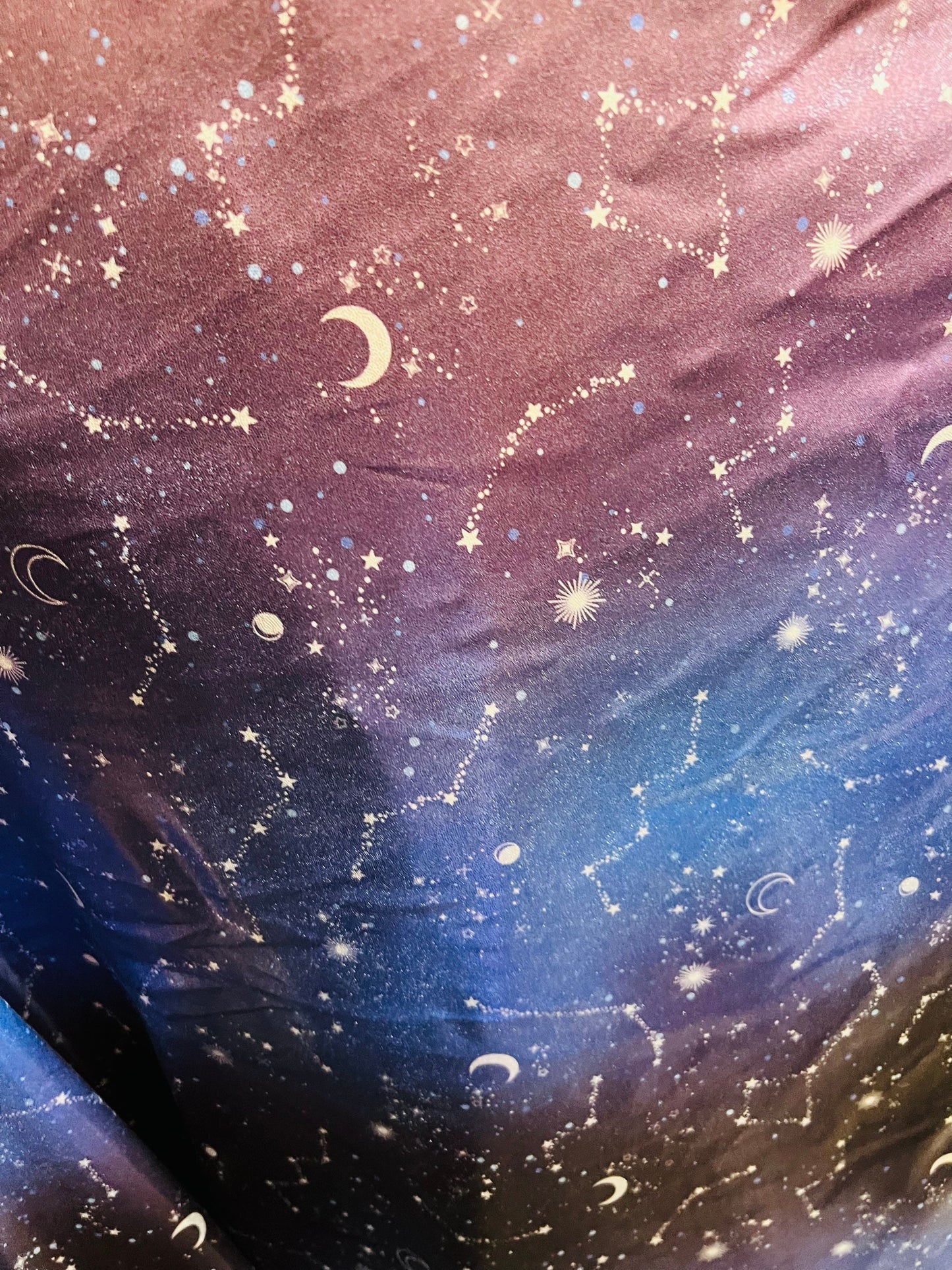 Celestial design print on ombré all over foil metallic nylon spandex 4-way stretch 58/60” Sold by the YD. Ships Worldwide