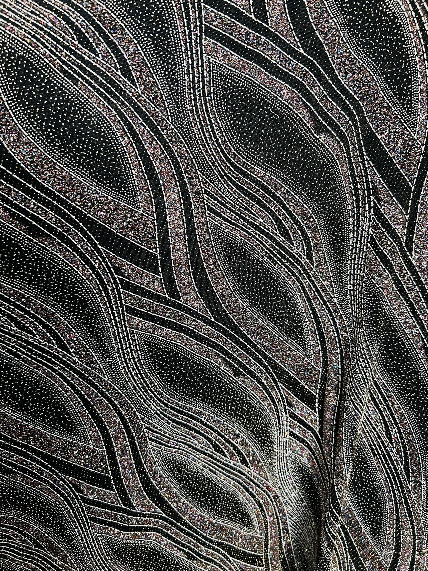 New abstract design metallic slinky 4-way stretch glitter fabric 58/60” Sold by the YD. Ships Worldwide from Los Angeles California USA.