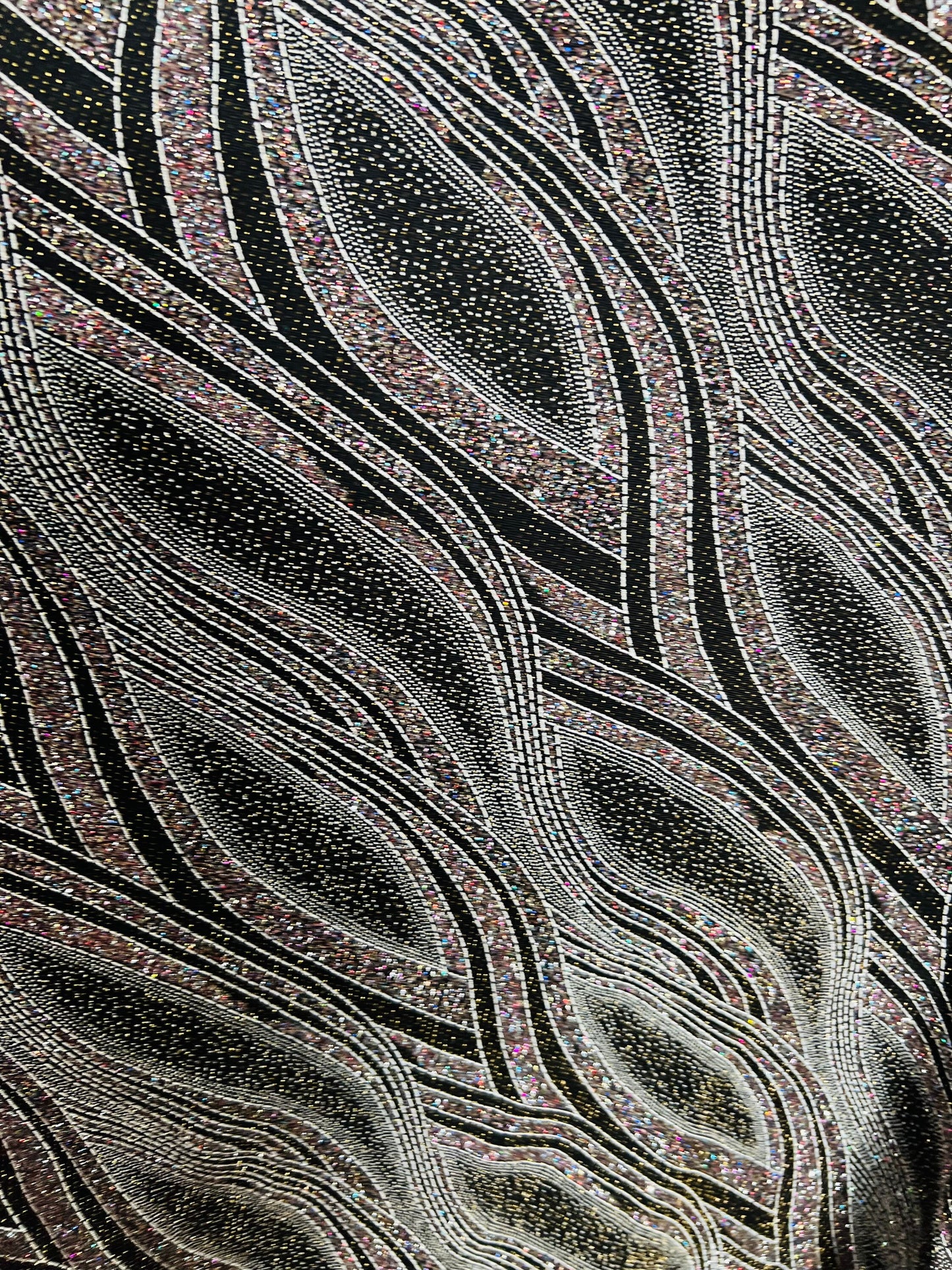 New abstract design metallic slinky 4-way stretch glitter fabric 58/60” Sold by the YD. Ships Worldwide from Los Angeles California USA.