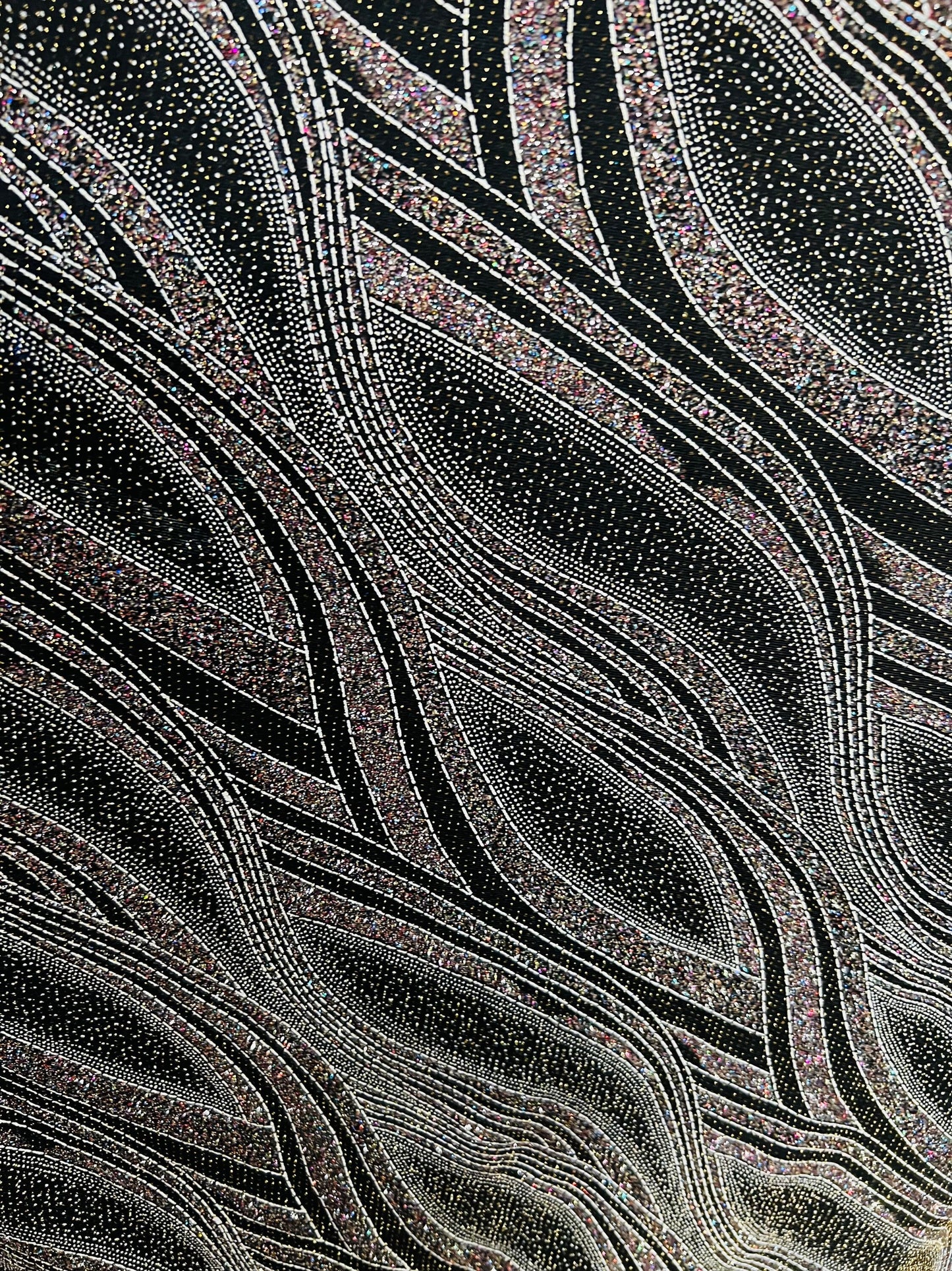 New abstract design metallic slinky 4-way stretch glitter fabric 58/60” Sold by the YD. Ships Worldwide from Los Angeles California USA.