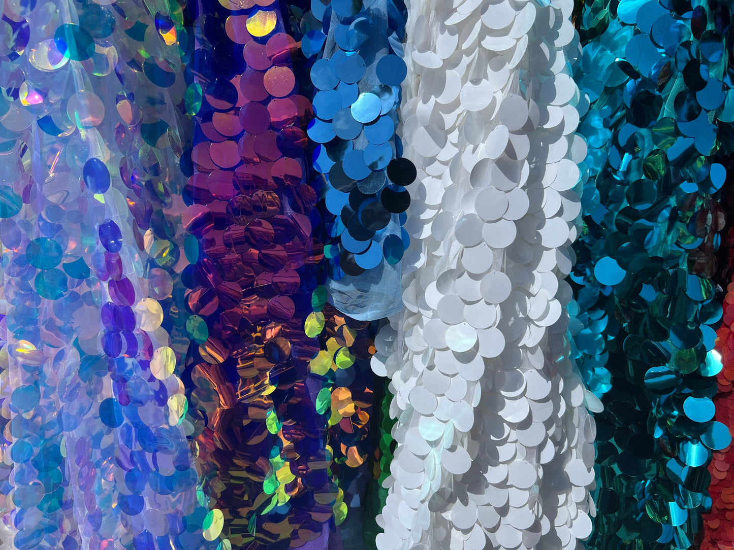 New Jumbo Paillette sequins design iridescent and shiny big sequins embroidered on stretch mesh 2-way stretch 55/57” Sold by the YD.