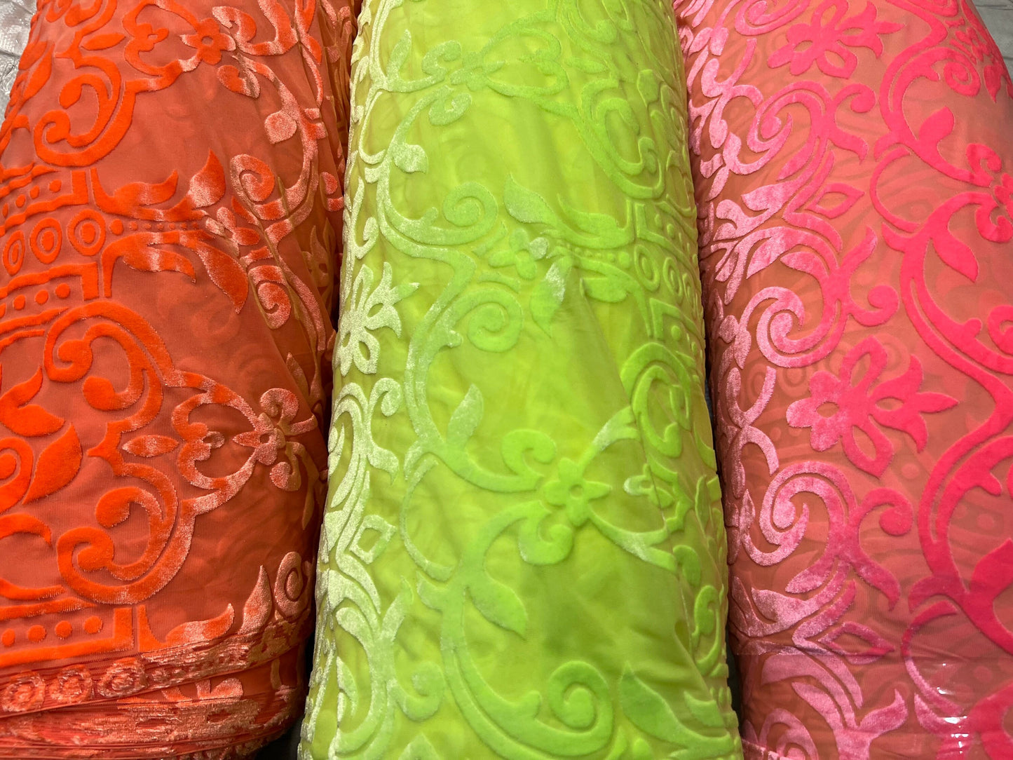 New Victoria Luxury design neon colors burnout stretch velvet 4-way stretch 58/60” Sold by the YD. Ships worldwide from Los Angeles CA