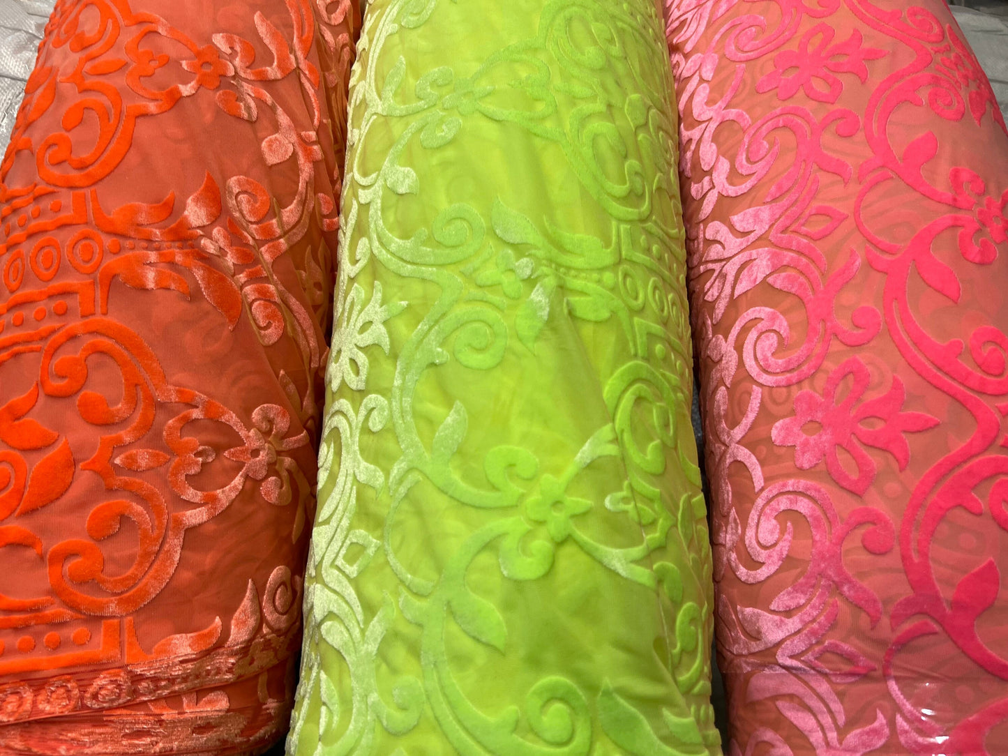 New Victoria Luxury design neon colors burnout stretch velvet 4-way stretch 58/60” Sold by the YD. Ships worldwide from Los Angeles CA
