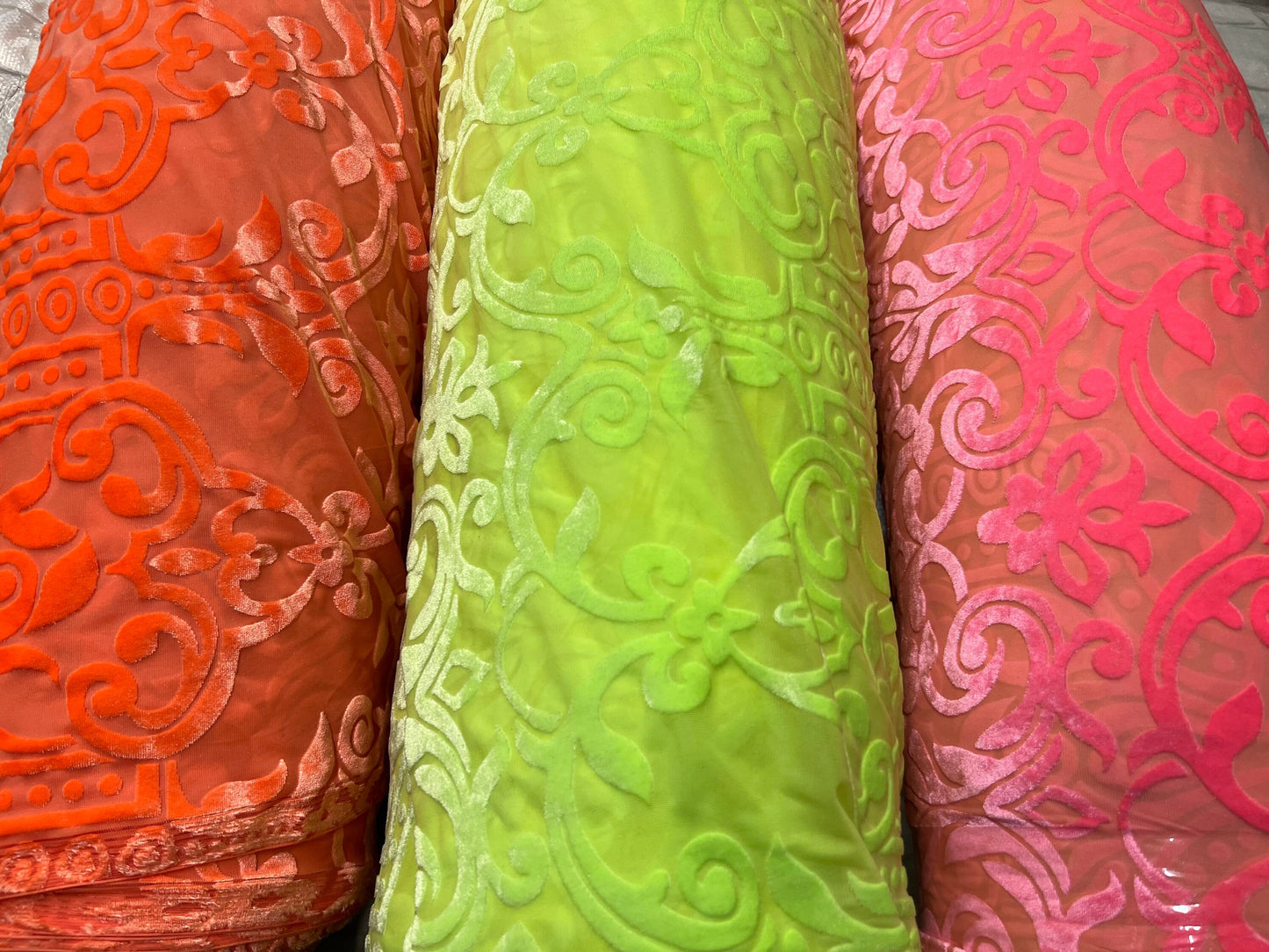 New Victoria Luxury design neon colors burnout stretch velvet 4-way stretch 58/60” Sold by the YD. Ships worldwide from Los Angeles CA