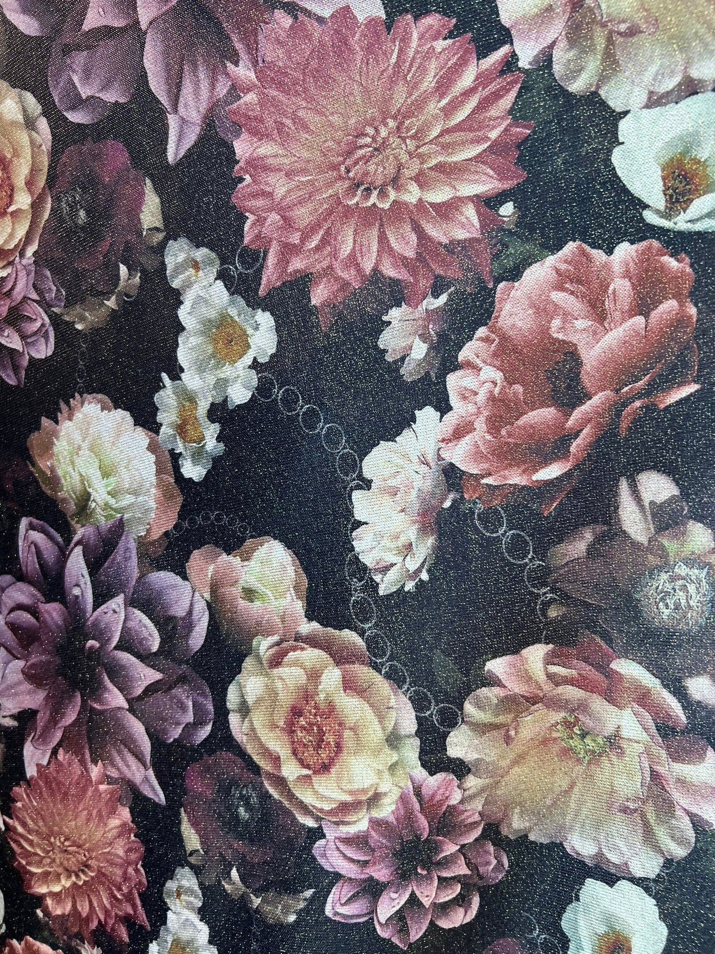 Romantic floral design print on metallic poly spandex 2-way stretch 58/60” Sold by the YD. Ships worldwide from Los Angeles California USA