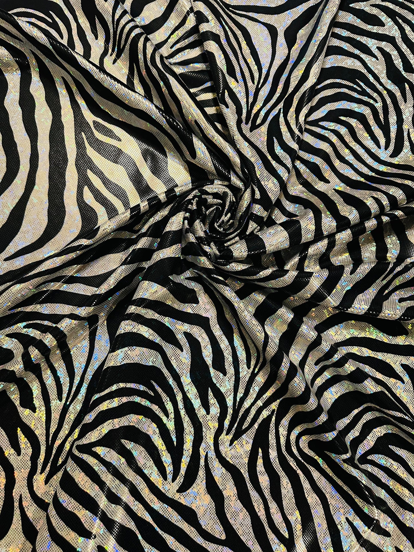 Zebra design exotic animal print on hologram metallic nylon spandex shattered glass 4-way stretch 58/60”
