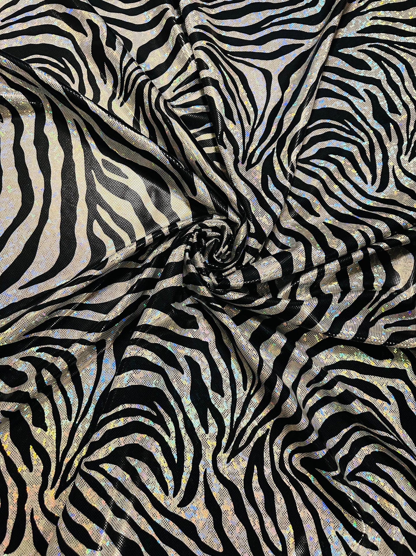 Zebra design exotic animal print on hologram metallic nylon spandex shattered glass 4-way stretch 58/60”