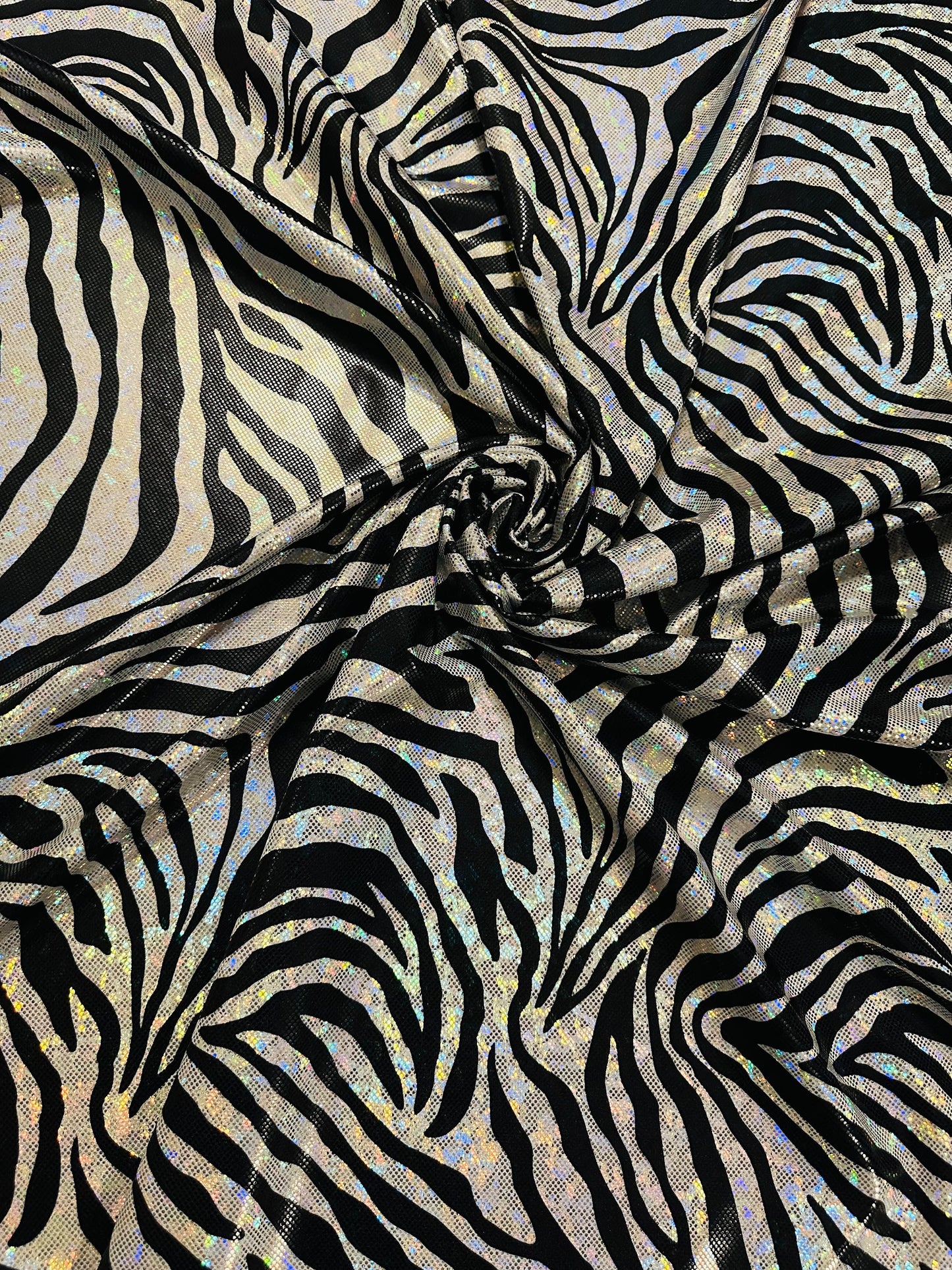 Zebra design exotic animal print on hologram metallic nylon spandex shattered glass 4-way stretch 58/60”