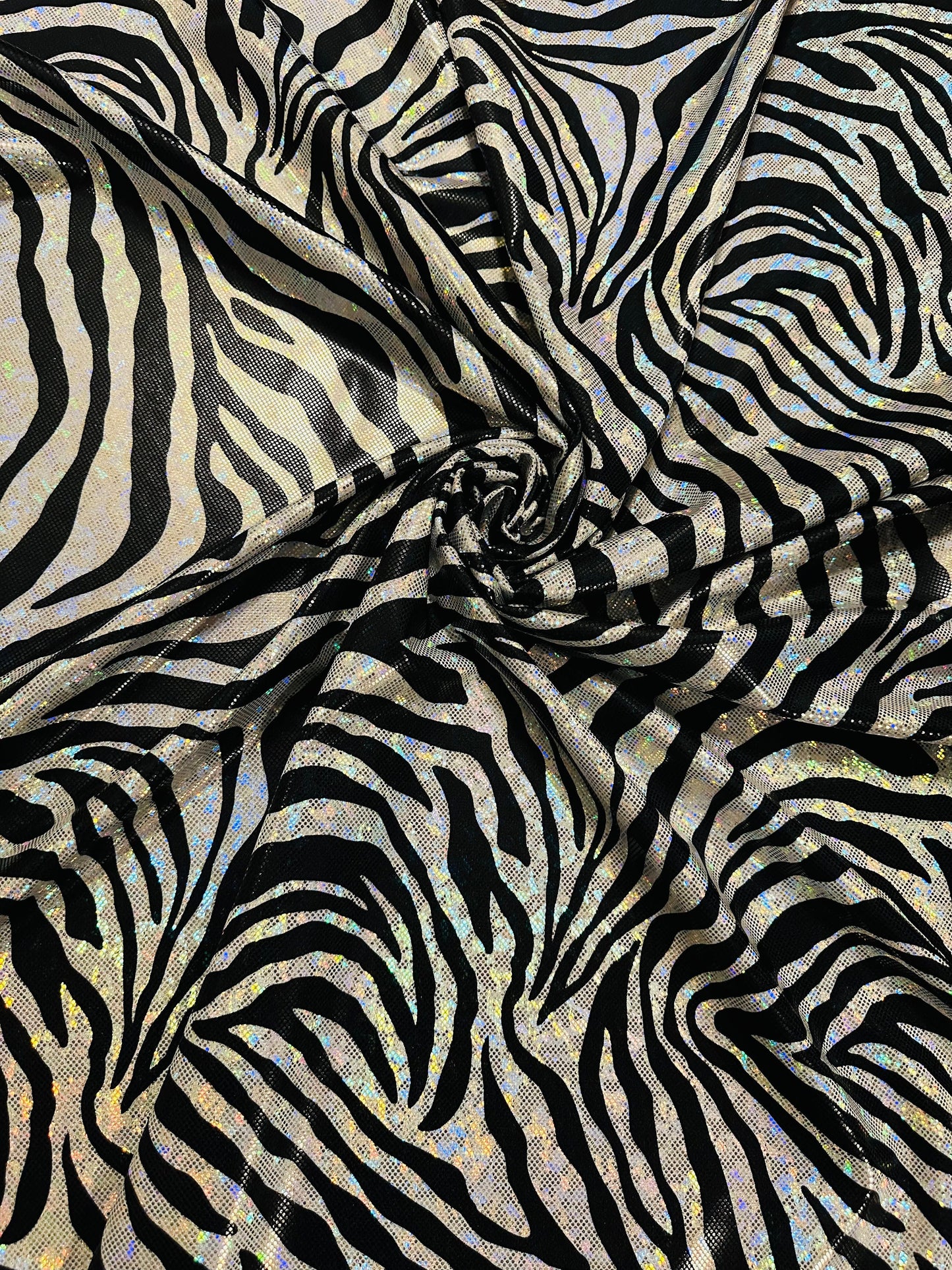 Zebra design exotic animal print on hologram metallic nylon spandex shattered glass 4-way stretch 58/60”