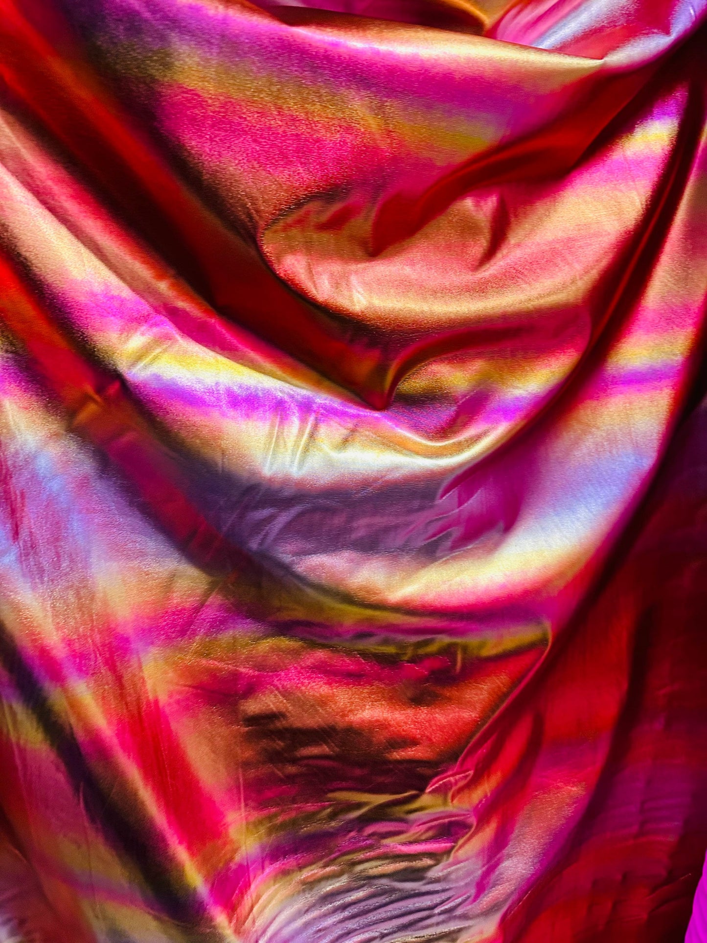 Pink Rainbow design metallic lame best quality of nylon spandex with all over foil 4-way stretch 58/60” Sold by the YD. Ships worldwide