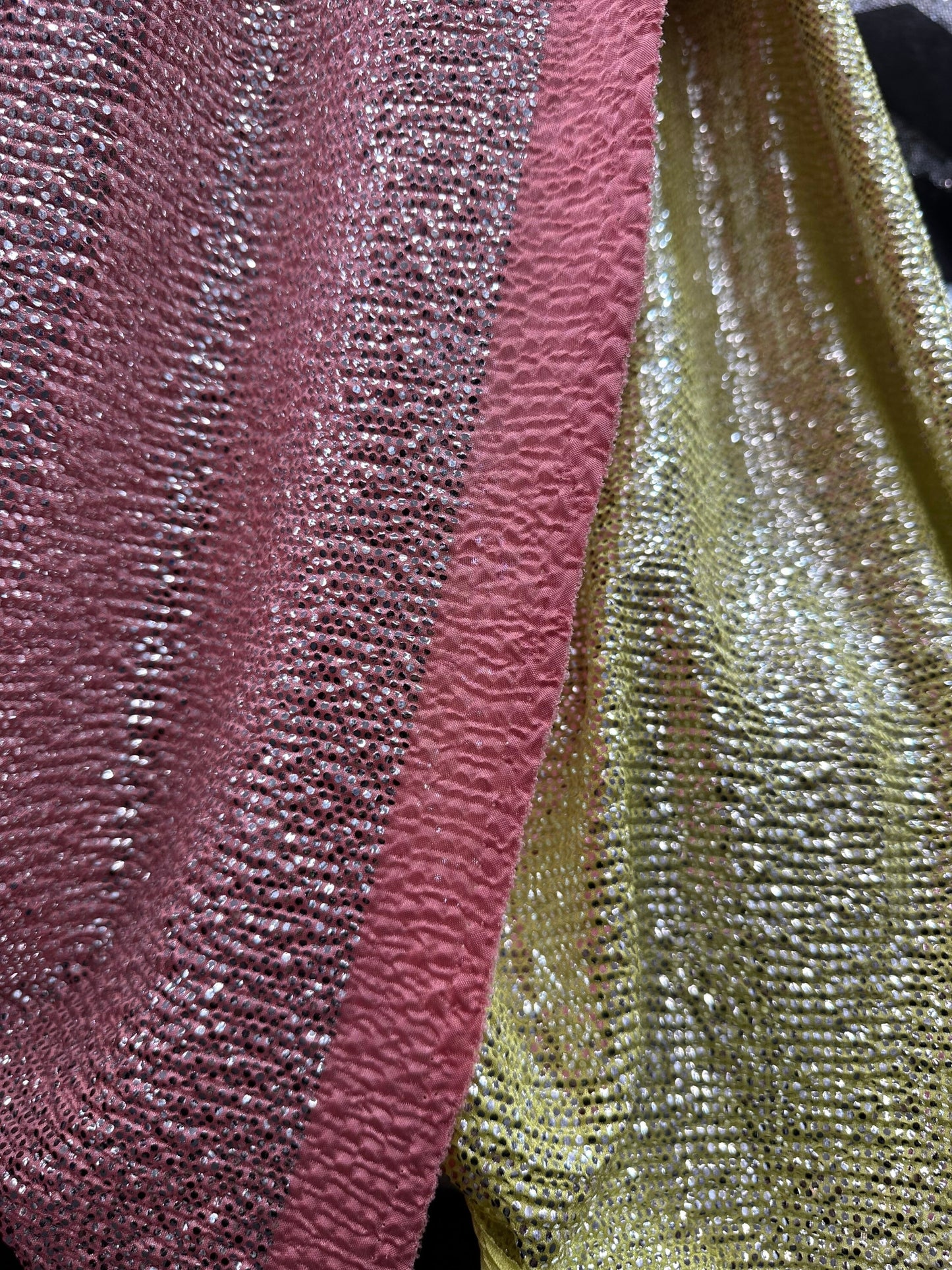 New crinkle metallic poly spandex 2-way stretch 58/60” Sold by the YD. Ships worldwide from Los Angeles California USA