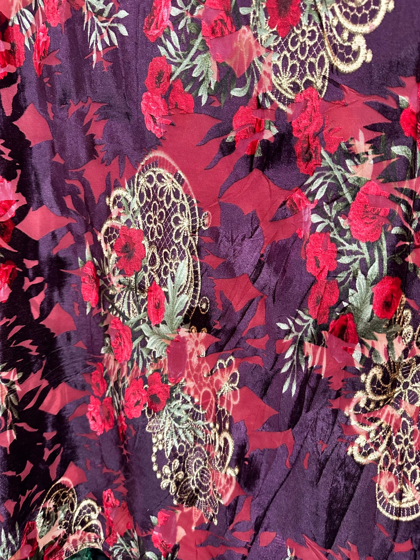New Luxury burnout velvet Magenta/Multicolor Blend silk 4-way stretch 50/52” Sold by the YD. Ships Worldwide from Los Angeles California USA