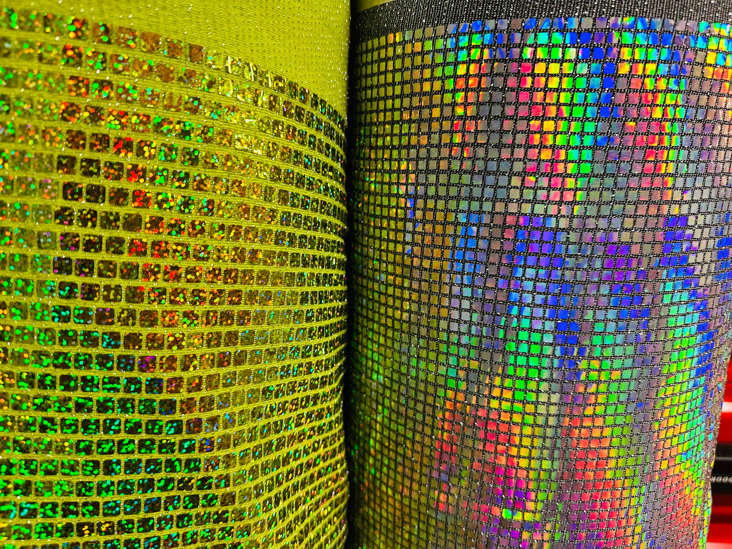 New Geometric sequins design spectrum black/silver and hologram yellow/green metallic fabric 2 way stretch 58/60” Sold by the YD.