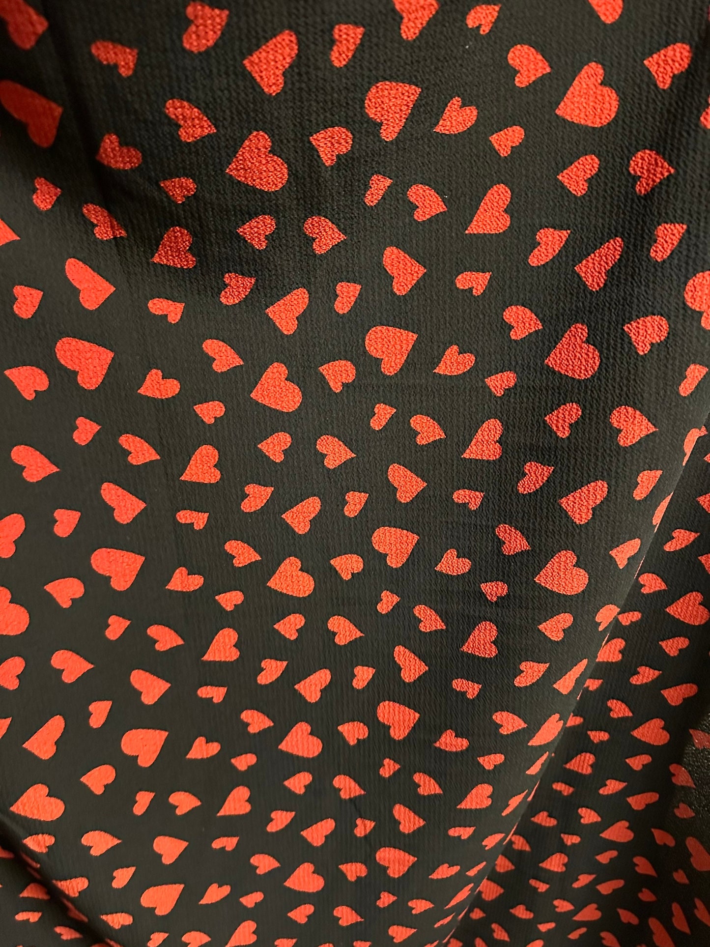 New Romantic Heart design Black/Red print on Polyester crepe spandex one way stretch light fabric 58/60” Sold by the YD.