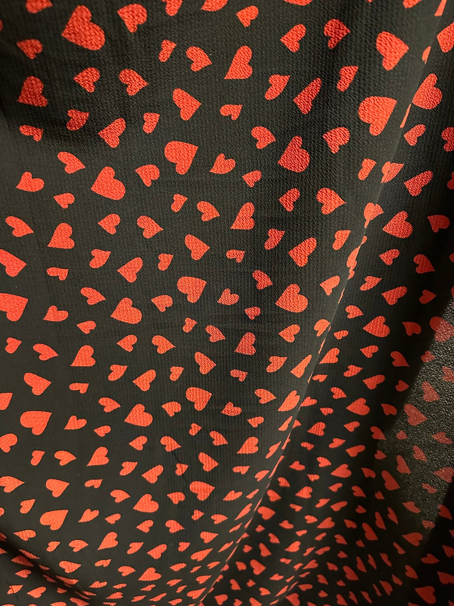 New Romantic Heart design Black/Red print on Polyester crepe spandex one way stretch light fabric 58/60” Sold by the YD.