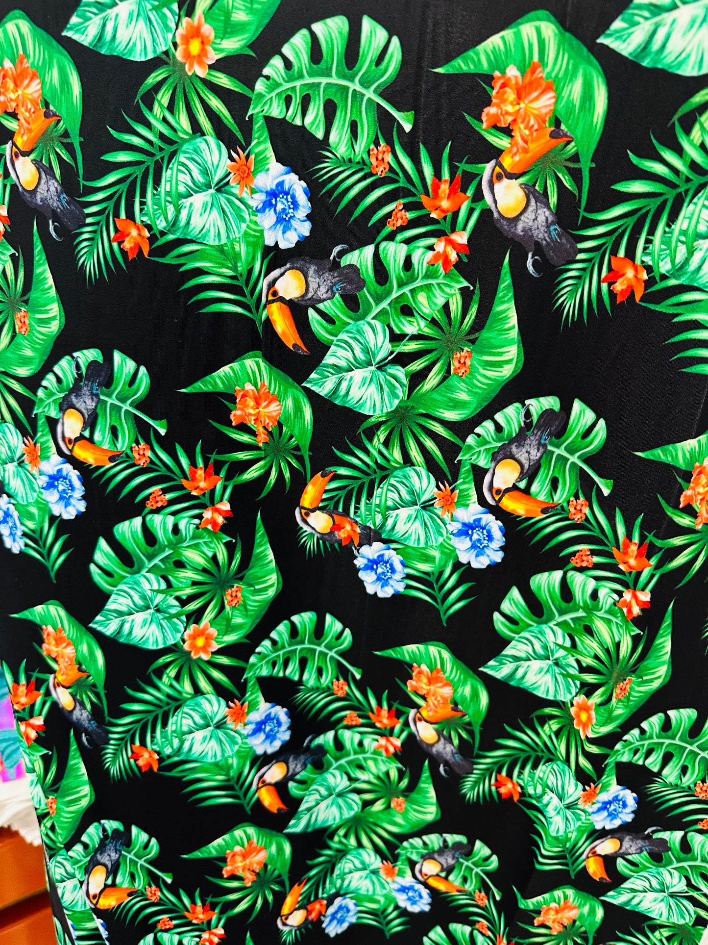 New tropical with Toucan design print on best quality of nylon spandex 4-way stretch 58/60” Sold by the YD. Ships worldwide from Los Angeles