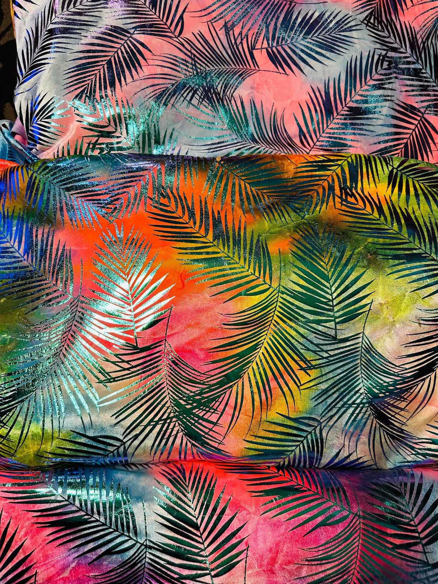 New Miami Tropical design luxury tie dye velvet with foil 4-way stretch 58/60” Sold by the YD. Ships worldwide from L.A