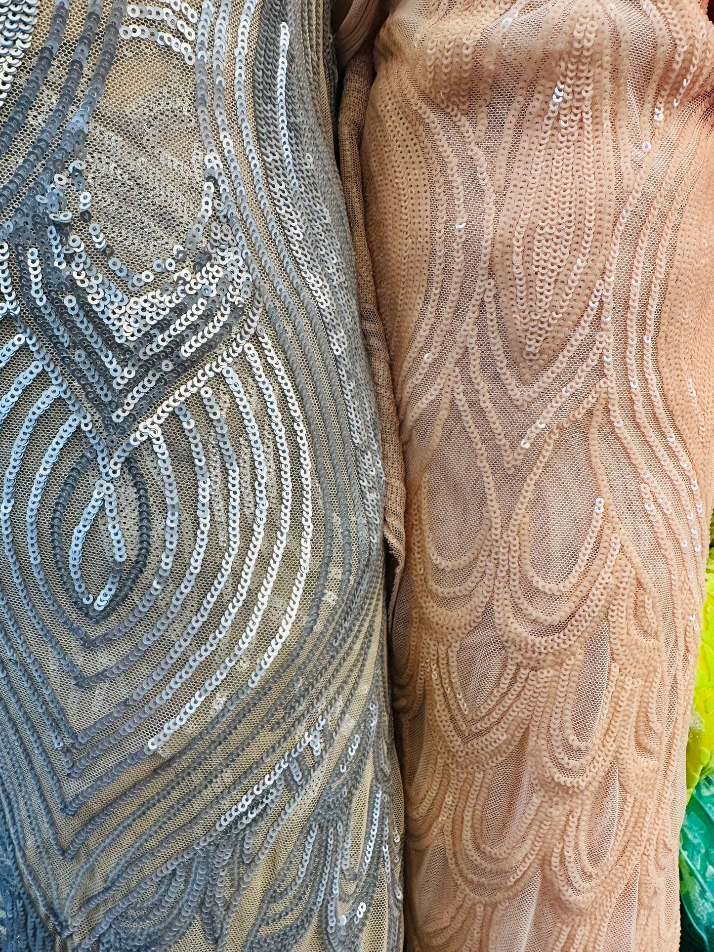 New Luxury peacock design embroidered sequins on stretch power mesh 4-way stretch 58/60”