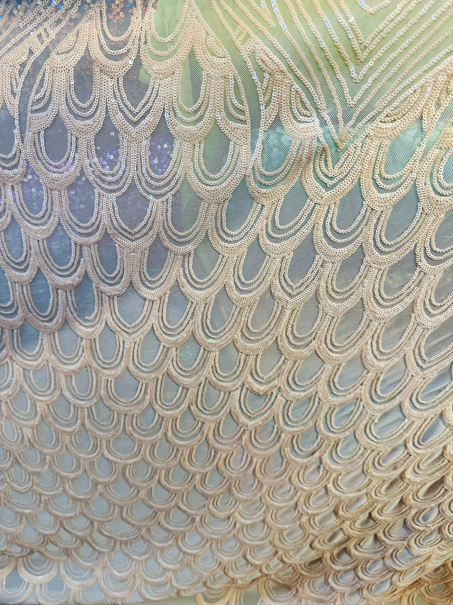 New Luxury peacock design embroidered sequins on stretch power mesh 4-way stretch 58/60”