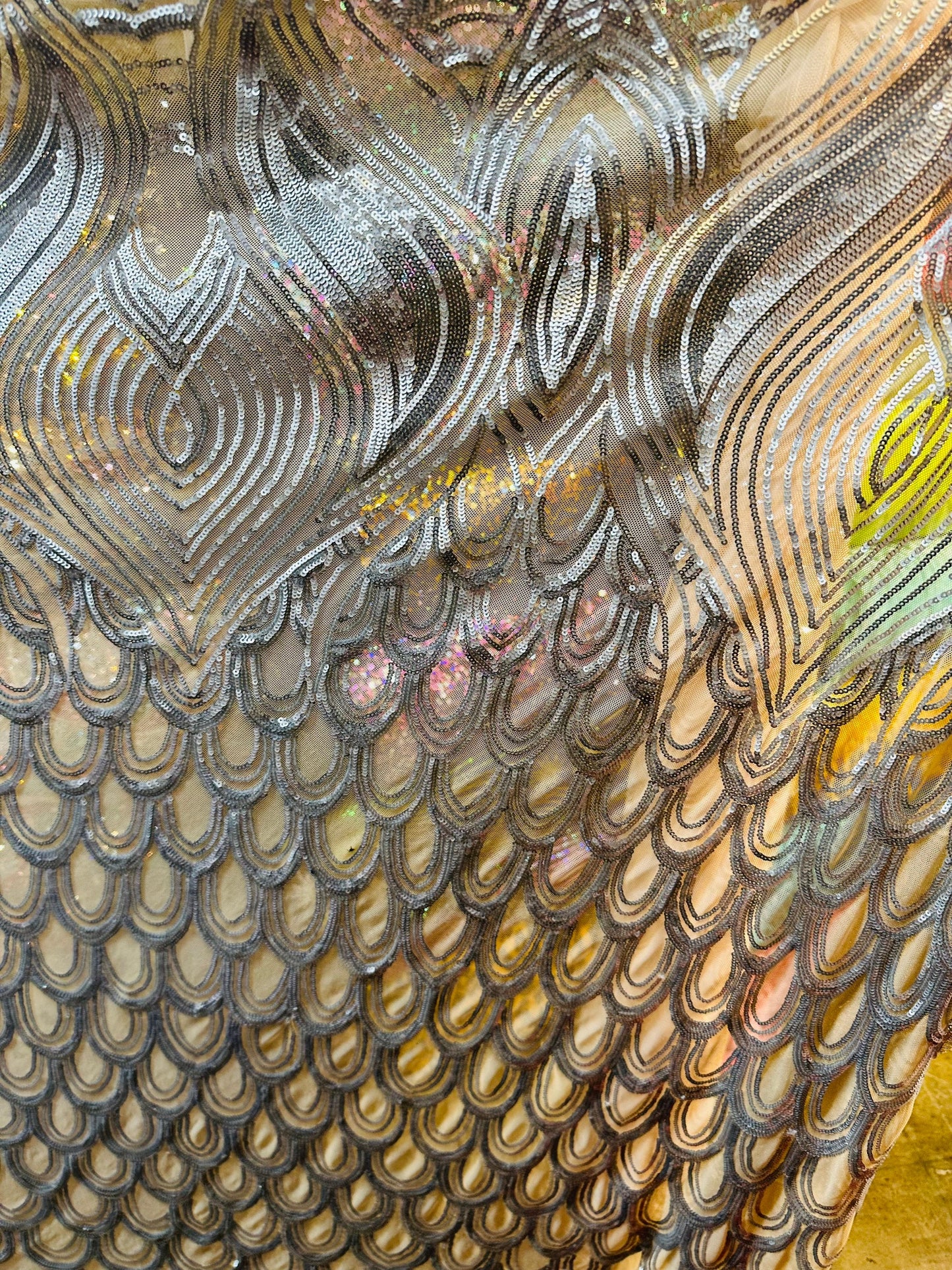New Luxury peacock design embroidered sequins on stretch power mesh 4-way stretch 58/60”