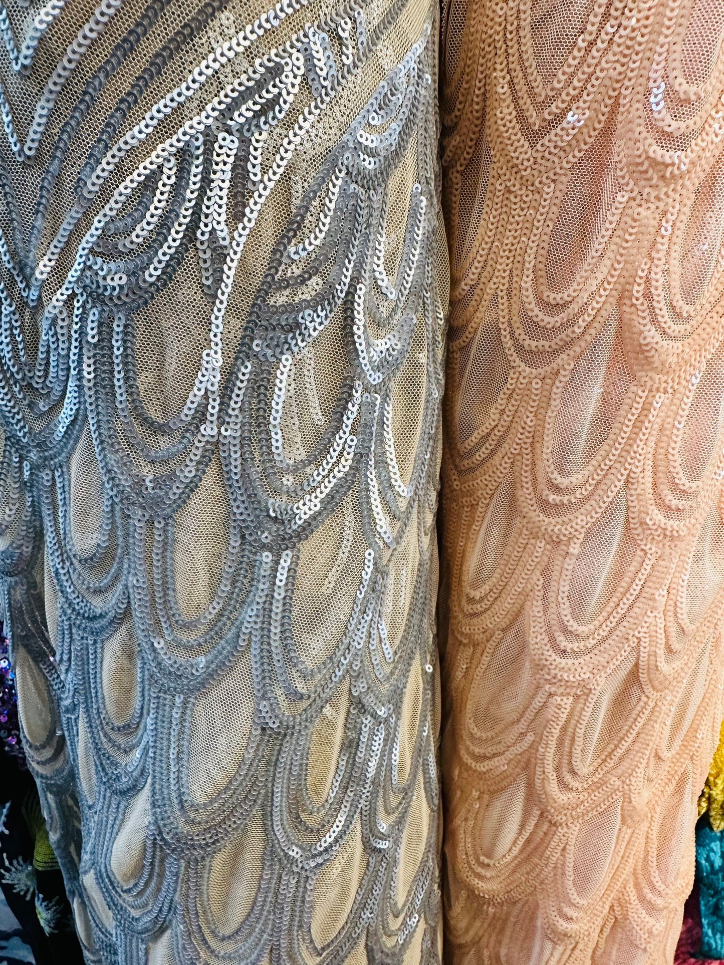 New Luxury peacock design embroidered sequins on stretch power mesh 4-way stretch 58/60”