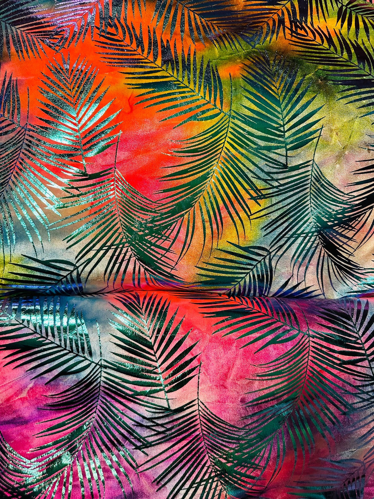 New Miami Tropical design luxury tie dye velvet with foil 4-way stretch 58/60” Sold by the YD. Ships worldwide from L.A