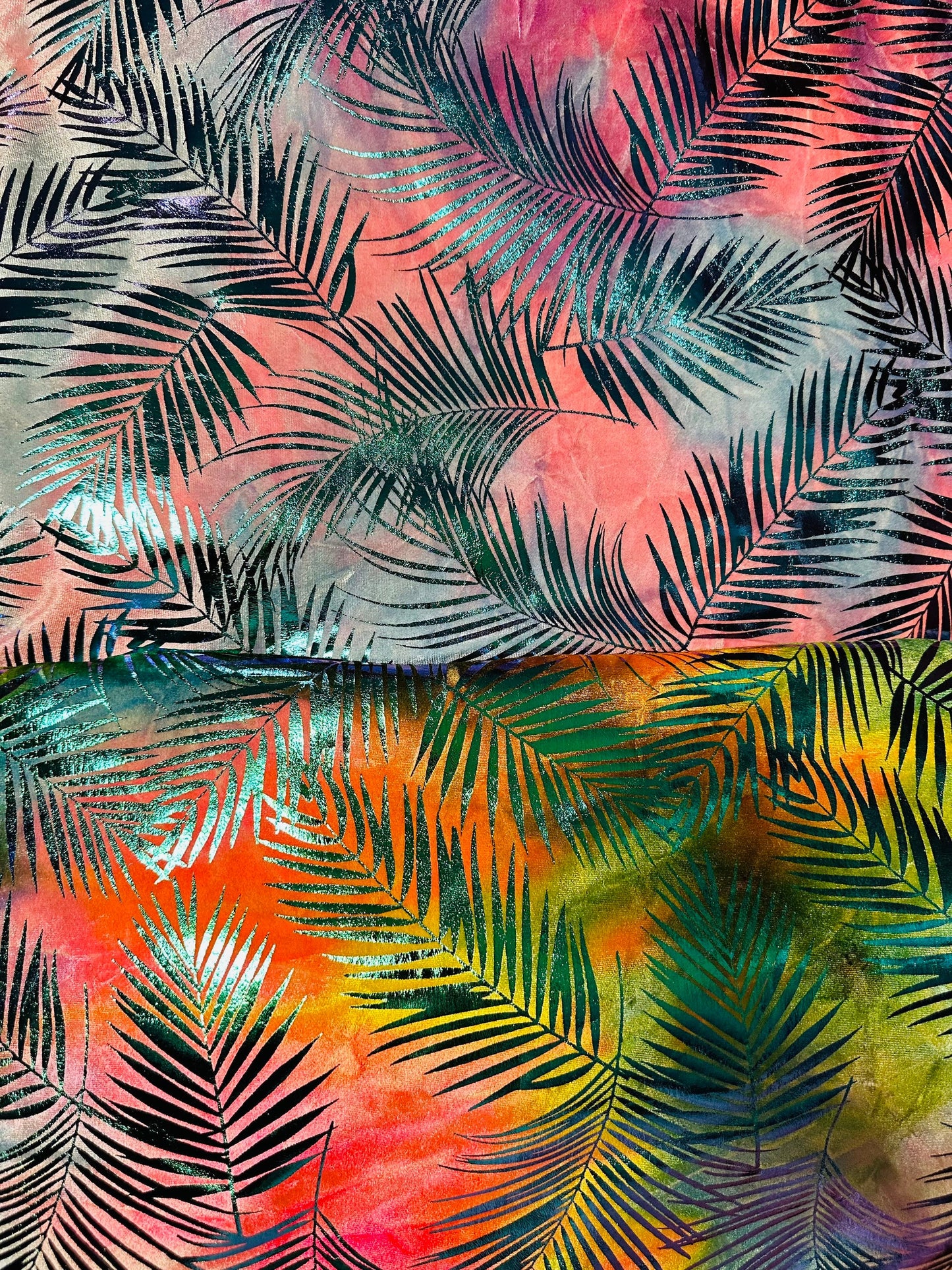 New Miami Tropical design luxury tie dye velvet with foil 4-way stretch 58/60” Sold by the YD. Ships worldwide from L.A