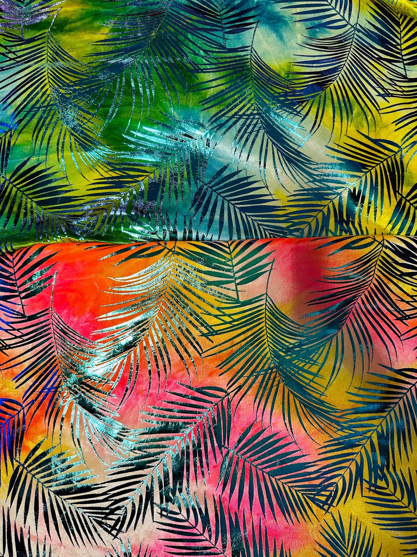 New Miami Tropical design luxury tie dye velvet with foil 4-way stretch 58/60” Sold by the YD. Ships worldwide from L.A