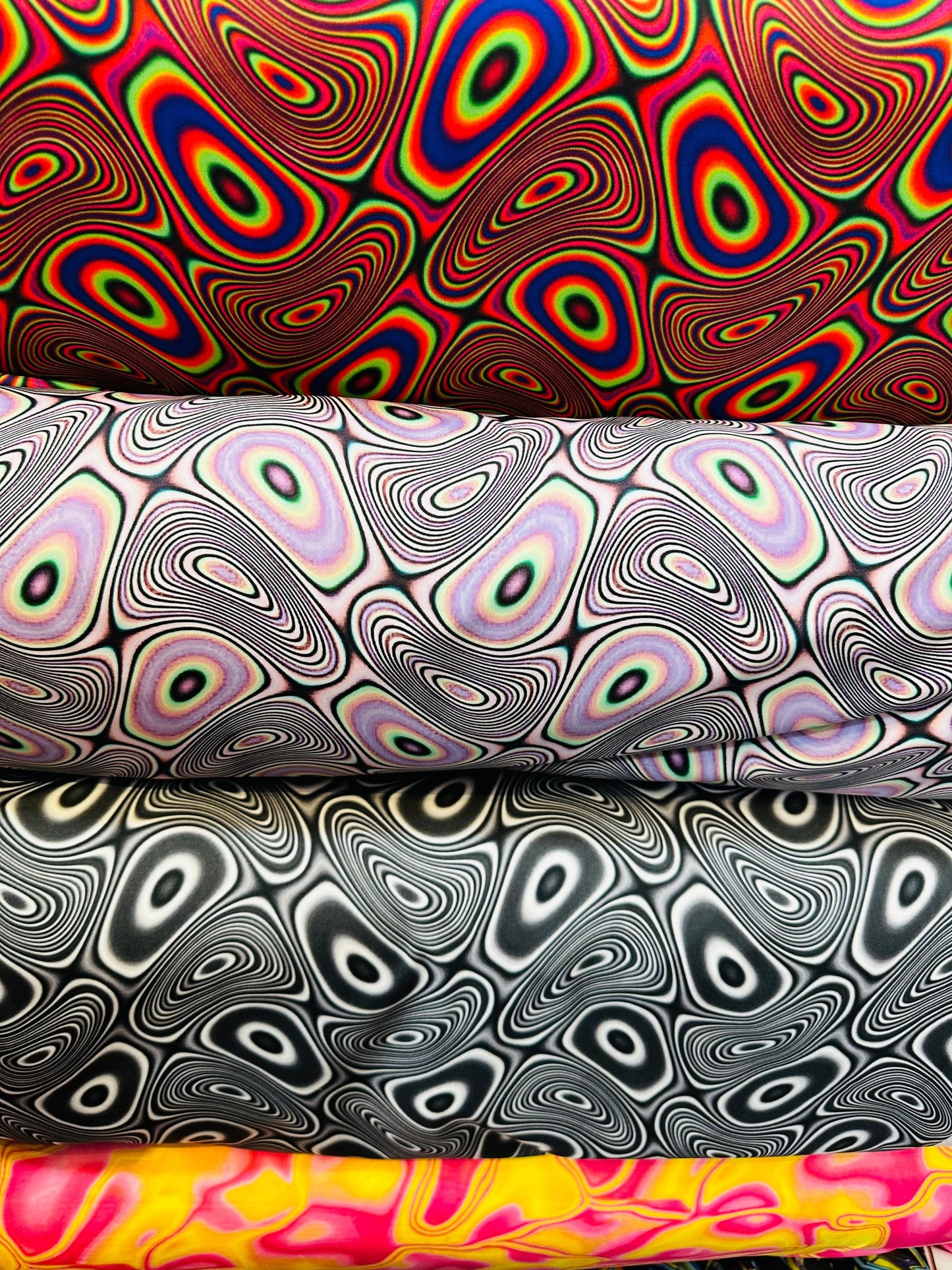 Modern Psychedelic lava design print on great quality of nylon spandex;-way stretch 58/60” Sold by the YD. Ships worldwide from L.A