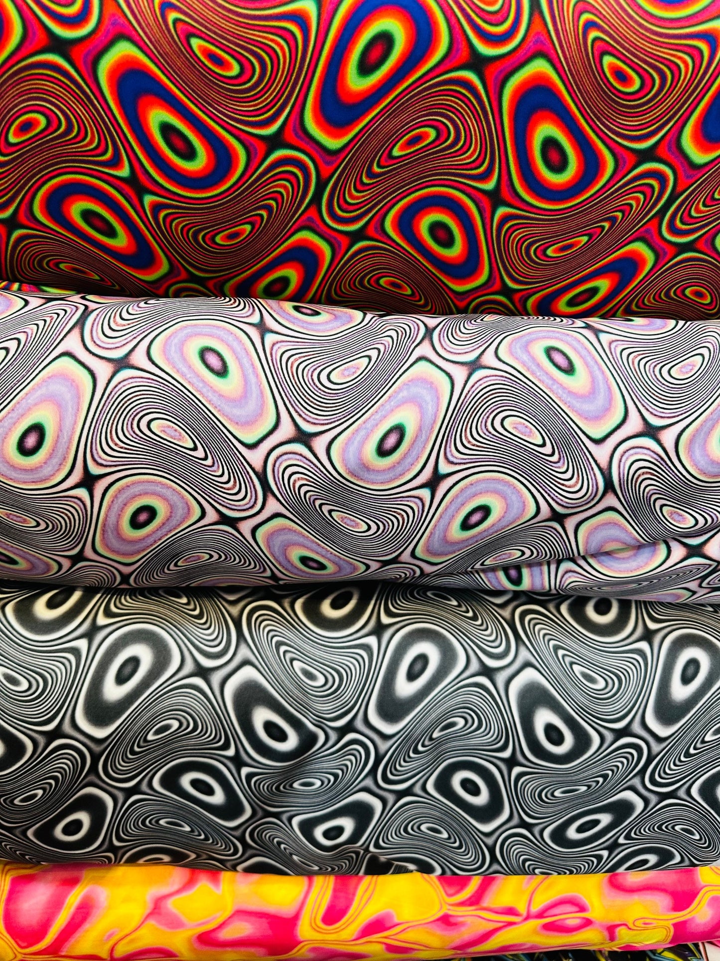 Modern Psychedelic lava design print on great quality of nylon spandex;-way stretch 58/60” Sold by the YD. Ships worldwide from L.A
