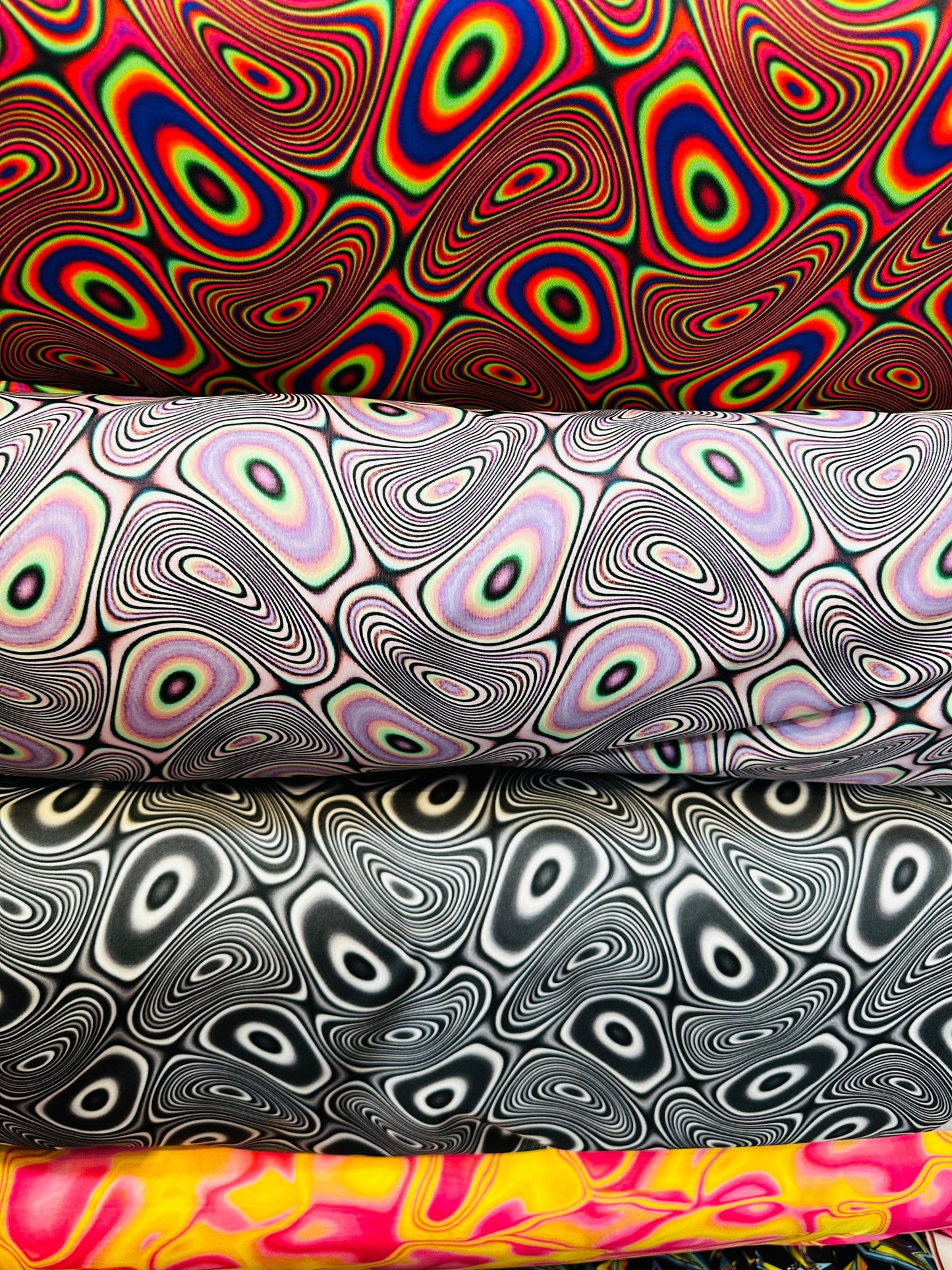Modern Psychedelic lava design print on great quality of nylon spandex;-way stretch 58/60” Sold by the YD. Ships worldwide from L.A