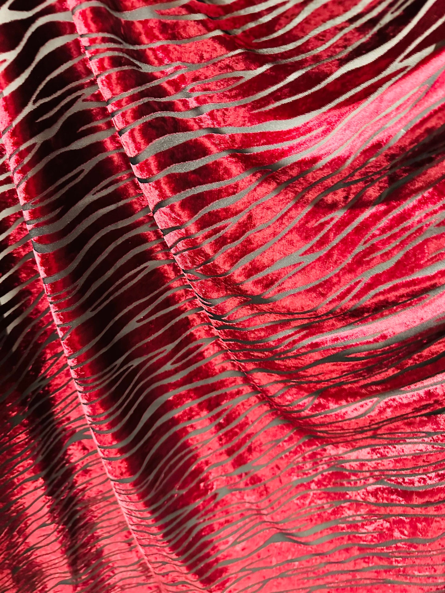 Exotic zebra design Merlot color luxury burnout stretch velvet 2-way stretch 58/60” Sold by the YD.