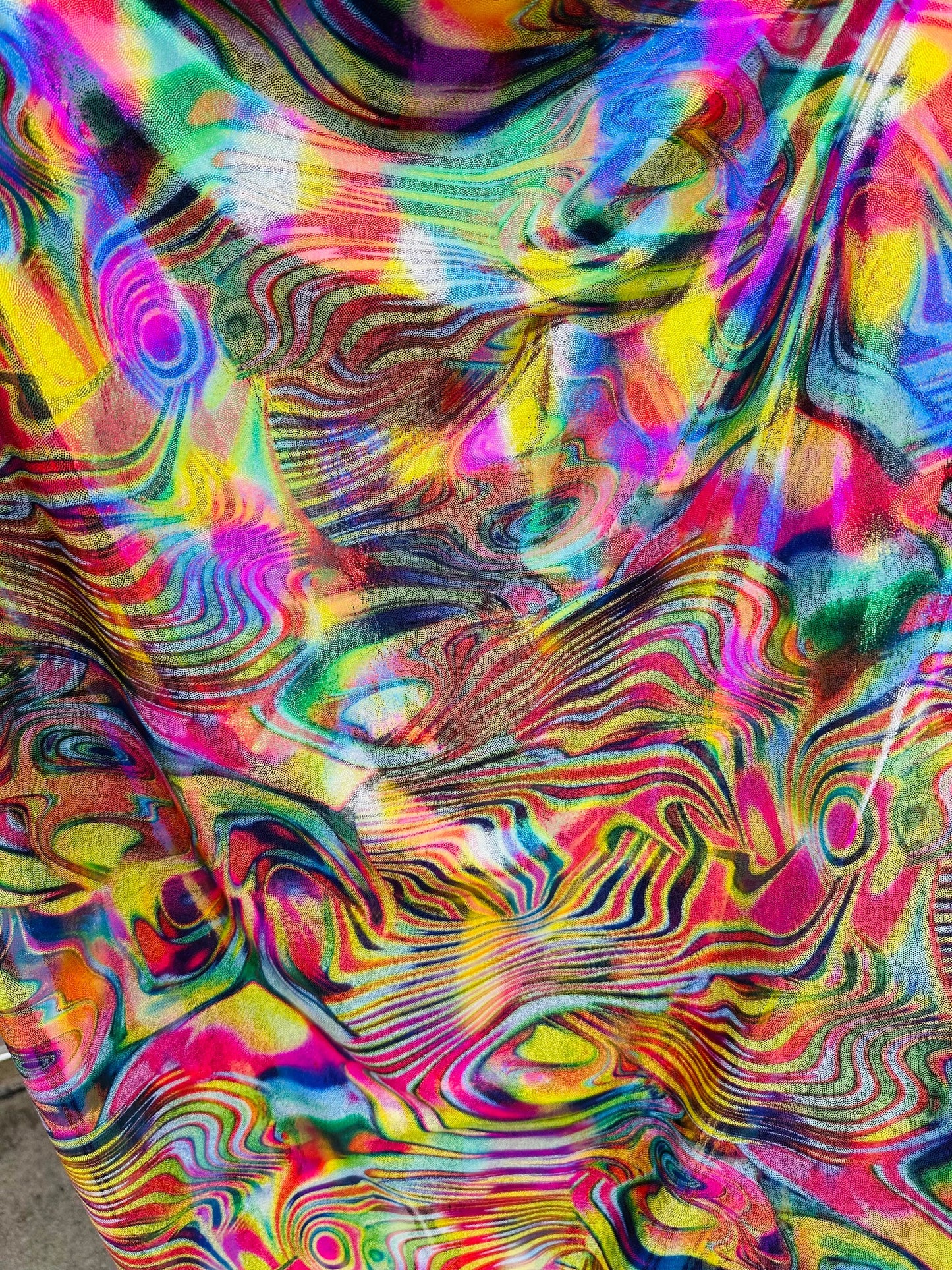 New Modern abstract Lava design hologram metallic nylon spandex 4-way stretch 58/60” Sold by the YD. Ships worldwide from Los Angeles