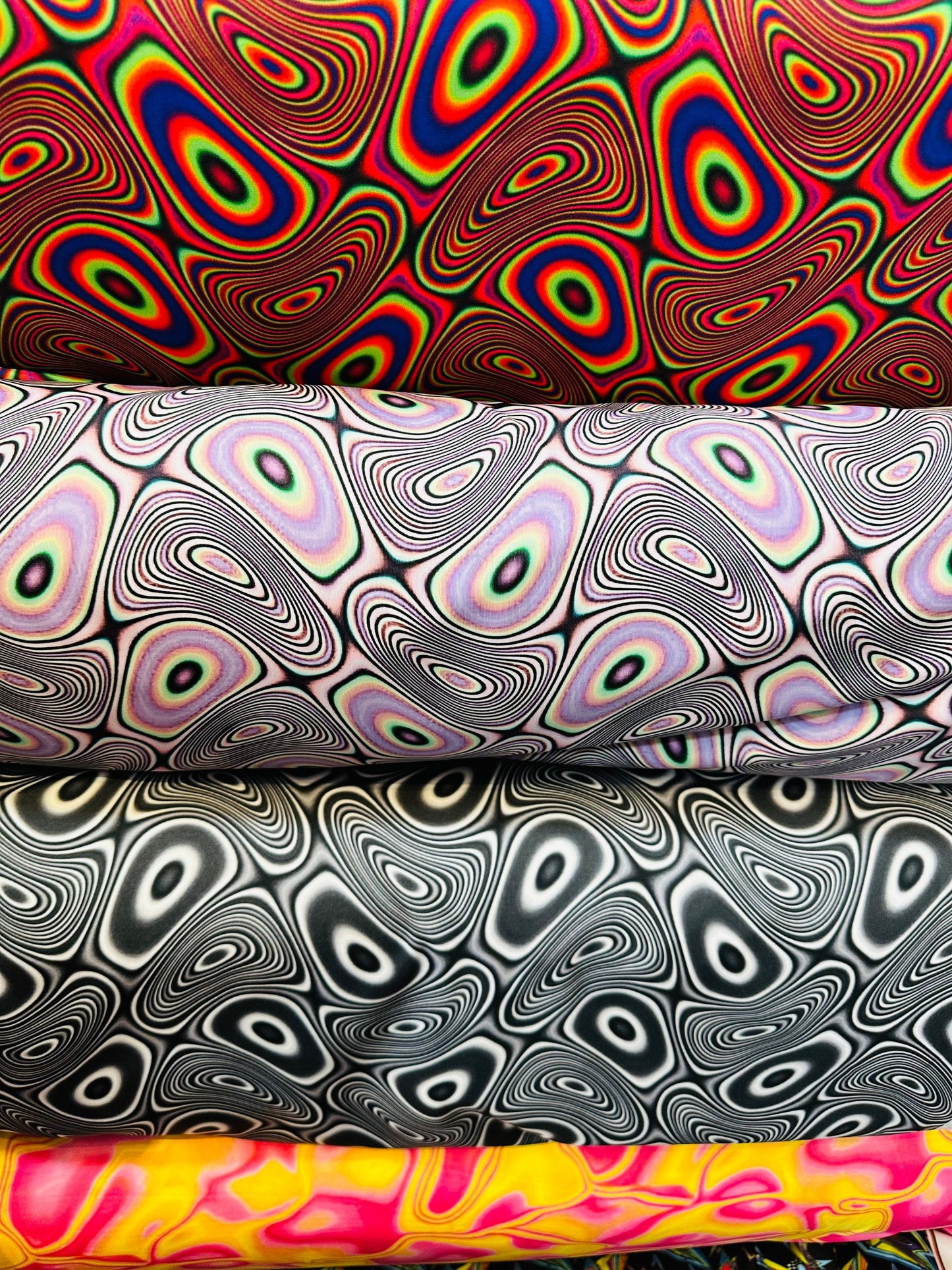 Modern Psychedelic lava design print on great quality of nylon spandex;-way stretch 58/60” Sold by the YD. Ships worldwide from L.A