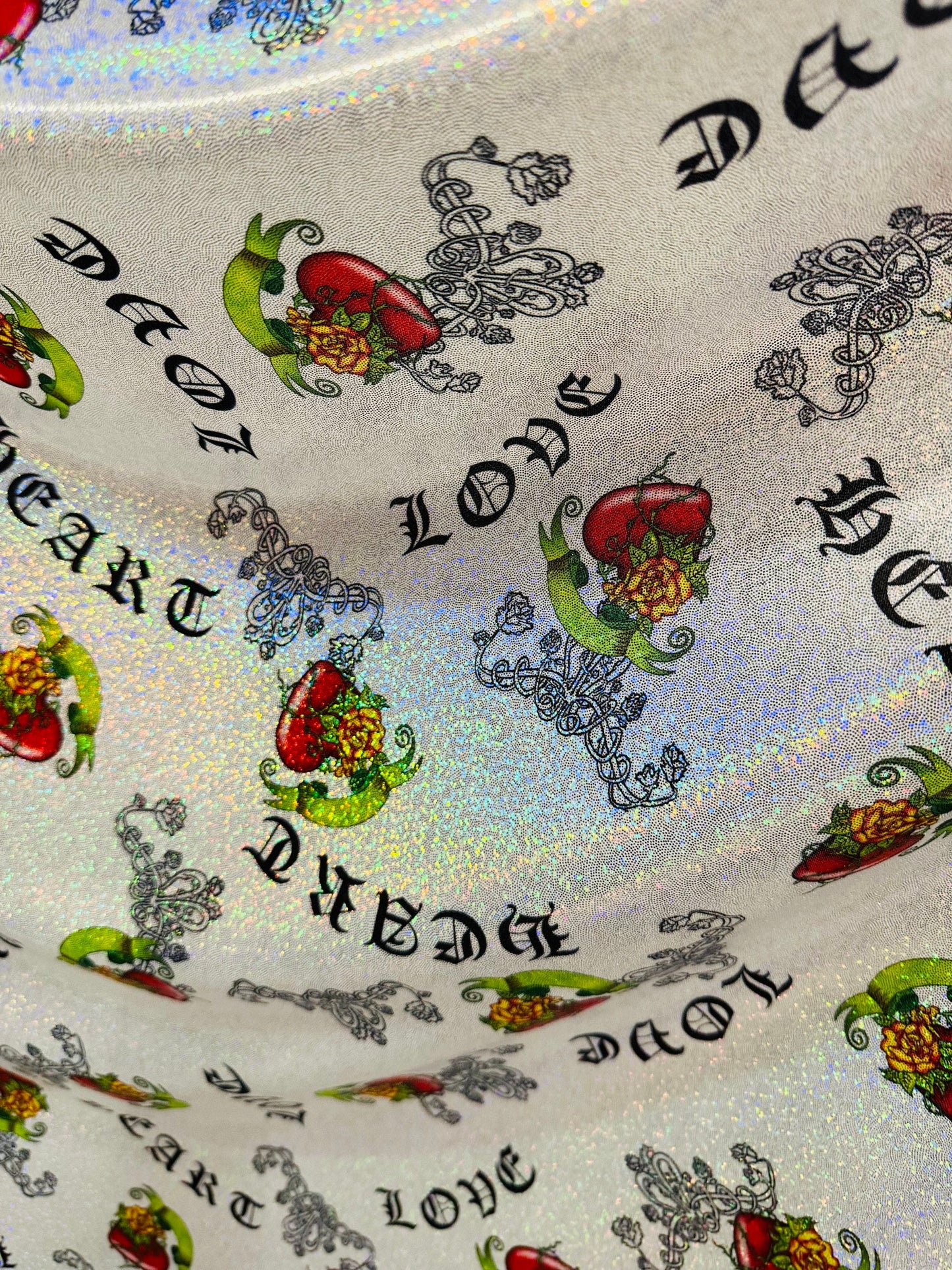 Luxury Love Heart design print on hologram metallic nylon spandex with foggy foil 4-way stretch 58/60”