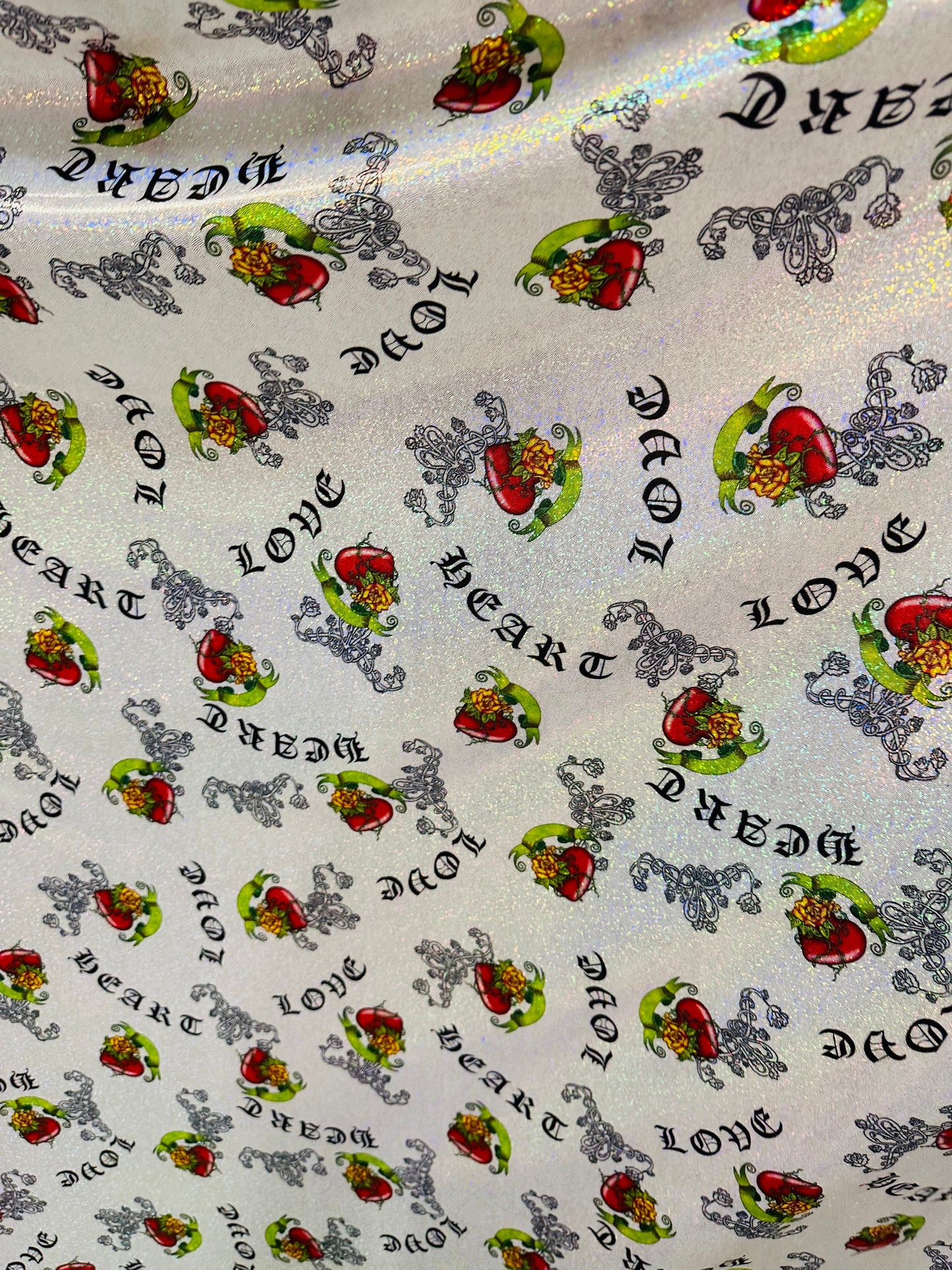 Luxury Love Heart design print on hologram metallic nylon spandex with foggy foil 4-way stretch 58/60”