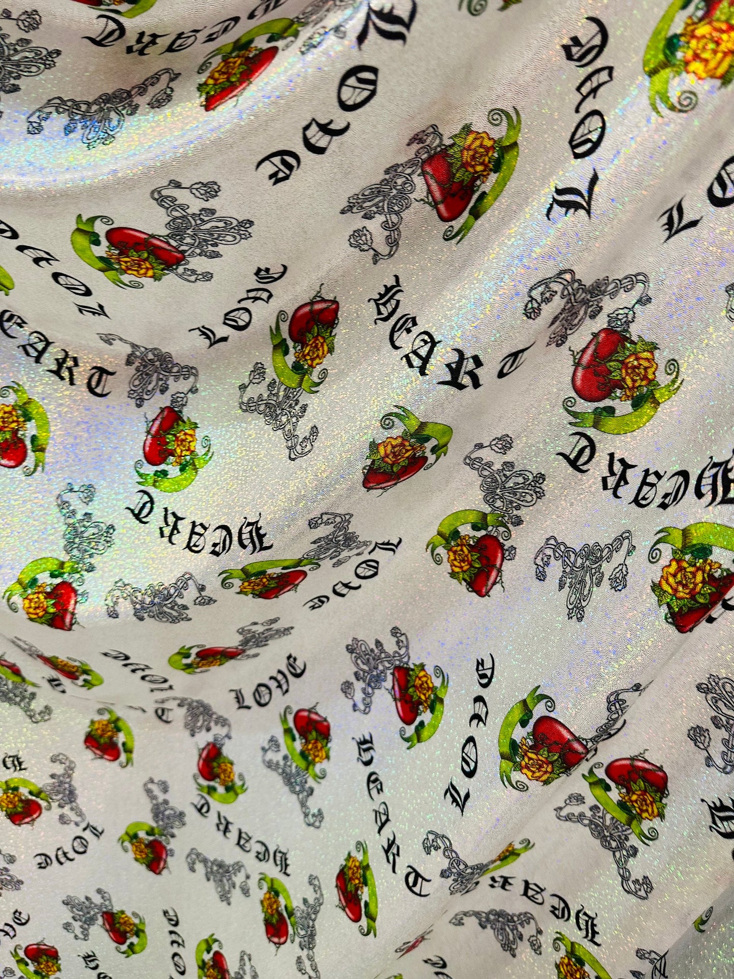 Luxury Love Heart design print on hologram metallic nylon spandex with foggy foil 4-way stretch 58/60”