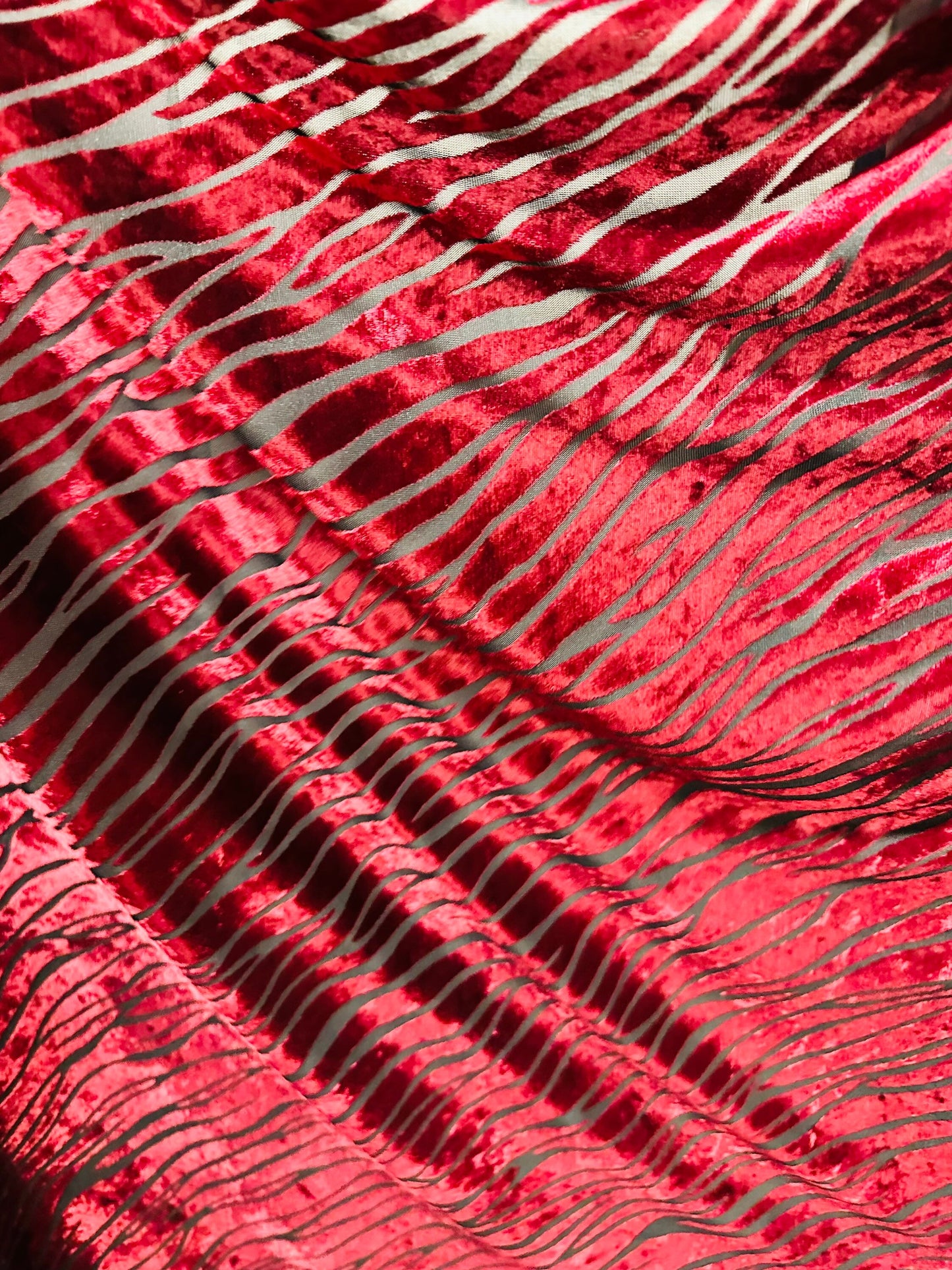 Exotic zebra design Merlot color luxury burnout stretch velvet 2-way stretch 58/60” Sold by the YD.